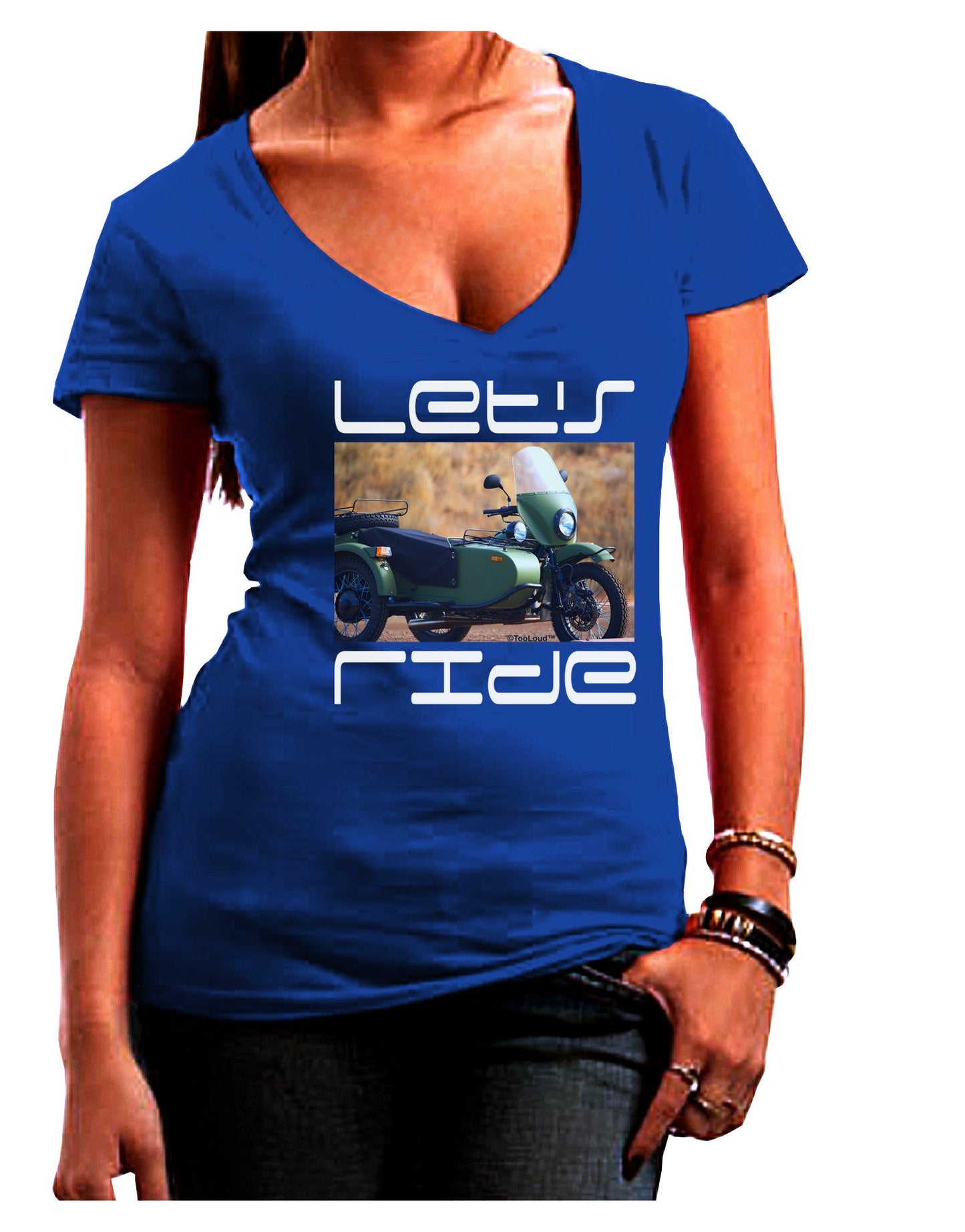 Lets Ride Sidecar Motorcycle Womens V-Neck Dark T-Shirt-Womens V-Neck T-Shirts-TooLoud-Royal-Blue-Juniors Fitted Small-Davson Sales
