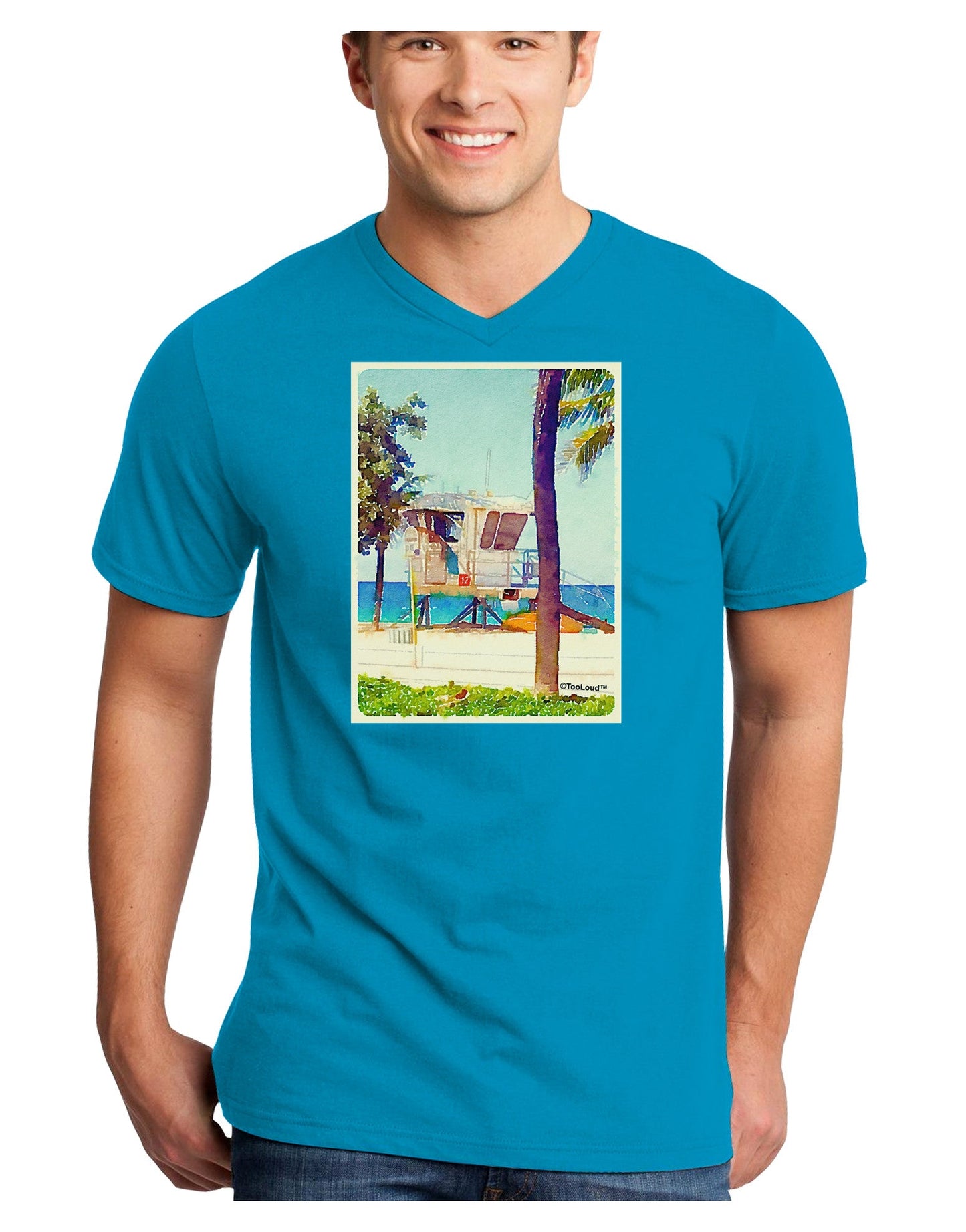 Lifeguard Station Watercolor Adult Dark V-Neck T-Shirt-TooLoud-Turquoise-Small-Davson Sales
