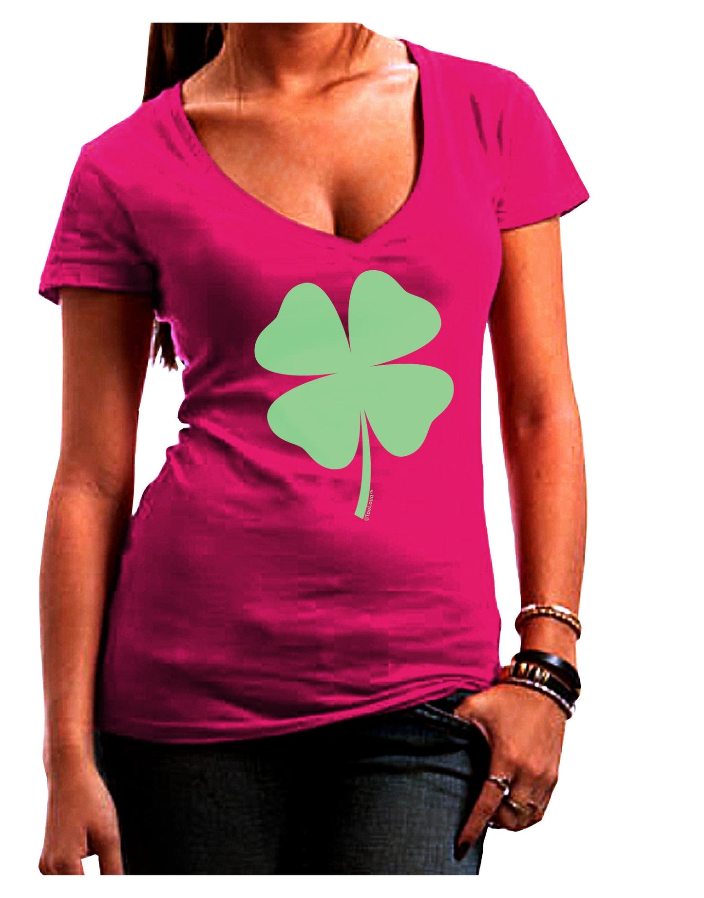 Lucky Four Leaf Clover St Patricks Day Juniors V-Neck Dark T-Shirt-Womens V-Neck T-Shirts-TooLoud-Hot-Pink-Juniors Fitted Small-Davson Sales
