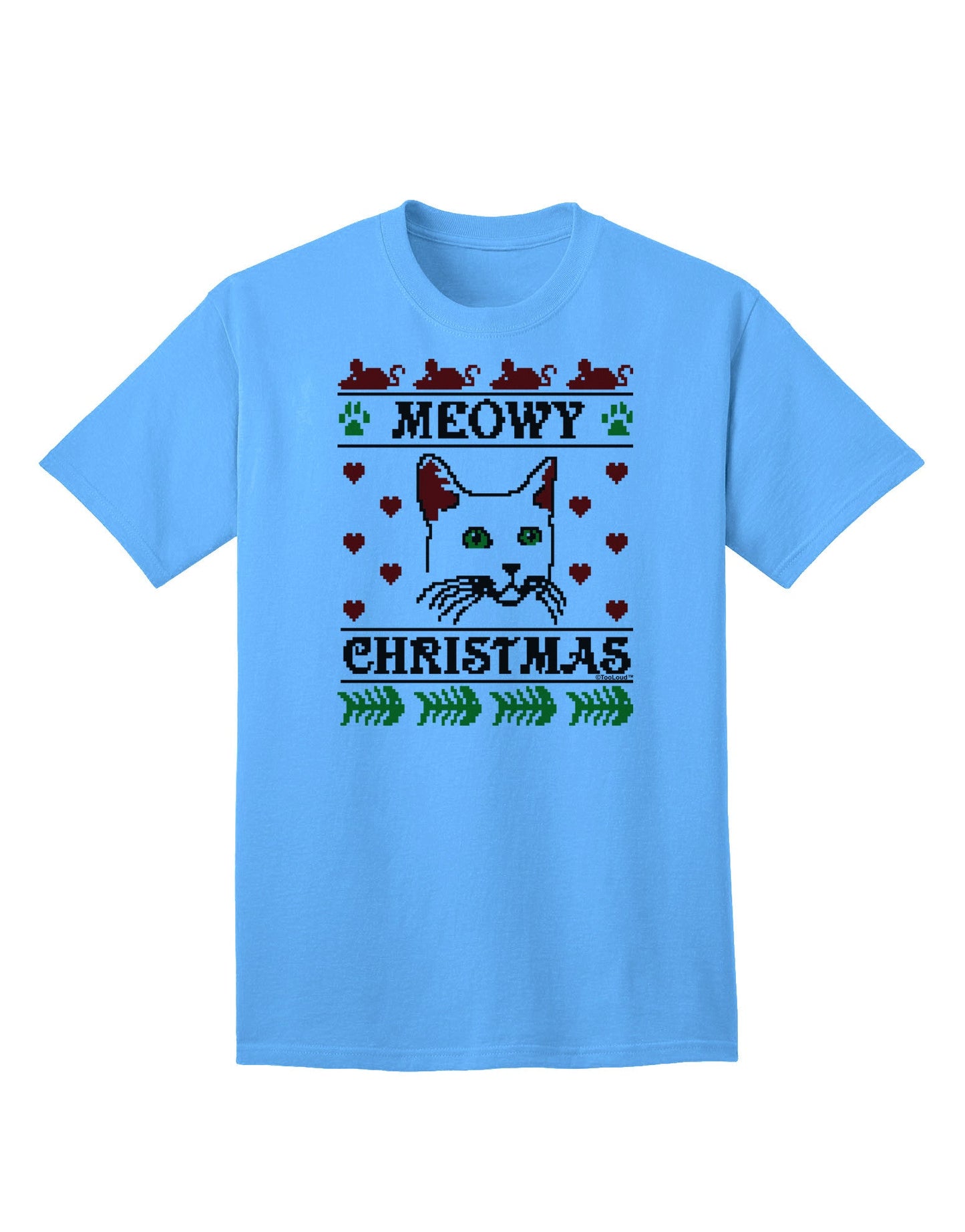 Meowy Christmas Cat Knit Look Adult T-Shirt-Mens T-Shirt-TooLoud-Aquatic-Blue-Small-Davson Sales