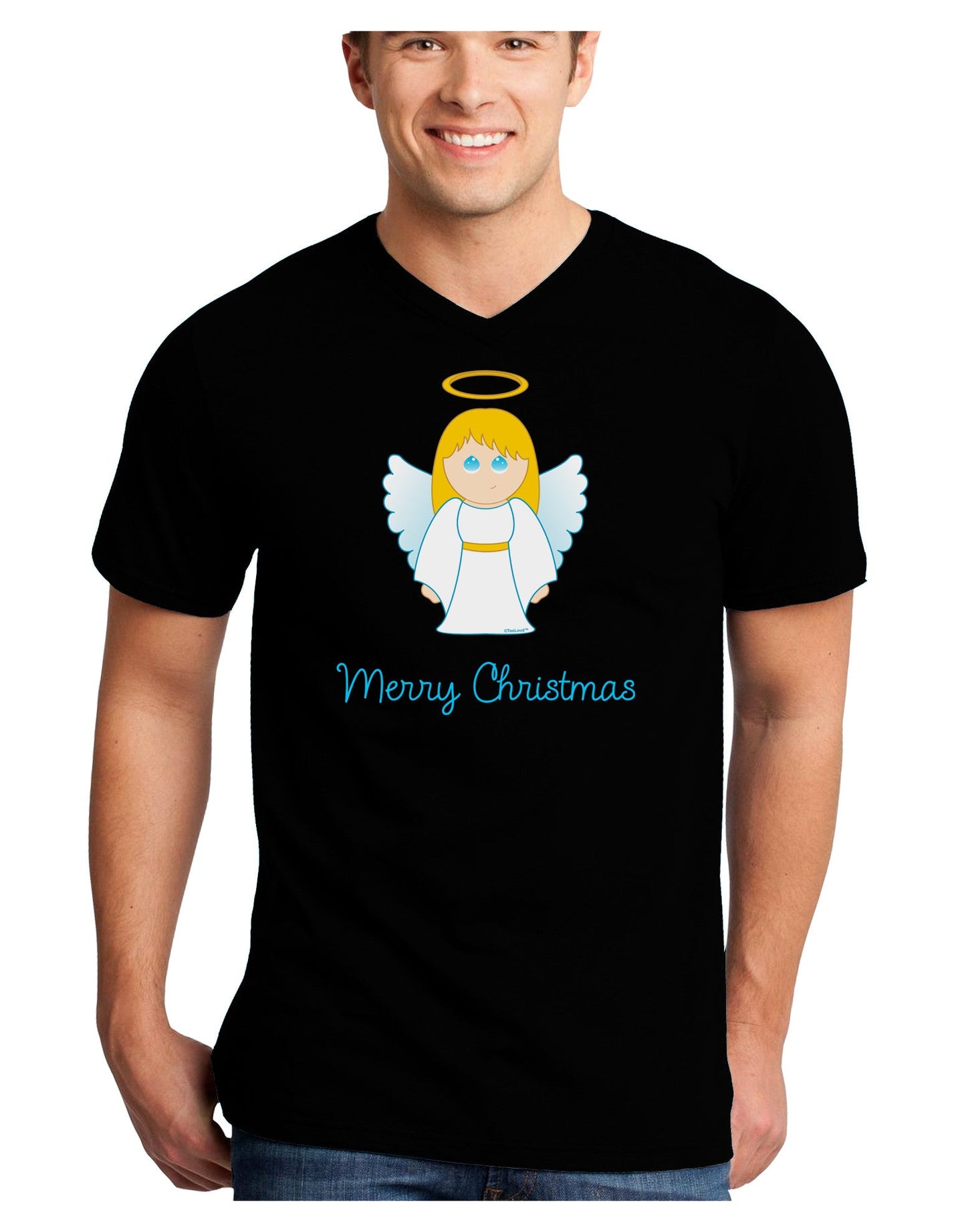 Merry Christmas Cute Angel Girl Adult Dark V-Neck T-Shirt-TooLoud-Black-Small-Davson Sales