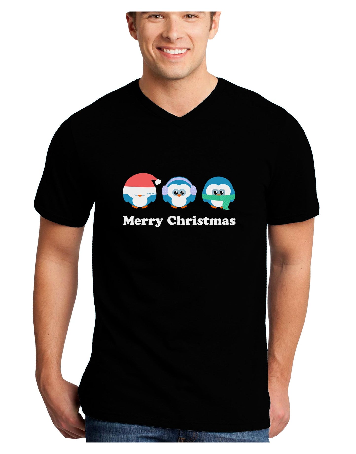Merry Christmas Penguins See Hear Speak No Evil Adult Dark V-Neck T-Shirt-TooLoud-Black-Small-Davson Sales