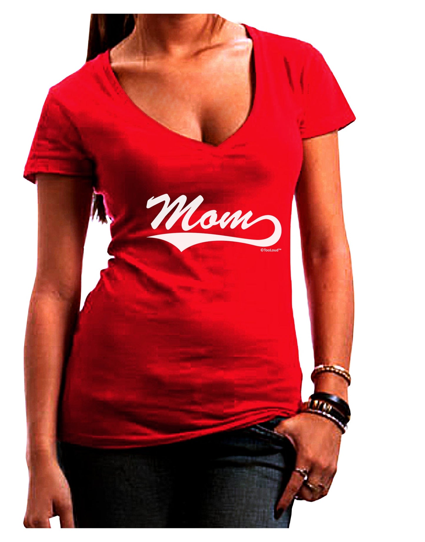 Mom - Sports Tail Script Juniors V-Neck Dark T-Shirt by TooLoud-Womens V-Neck T-Shirts-TooLoud-Red-Juniors Fitted Small-Davson Sales