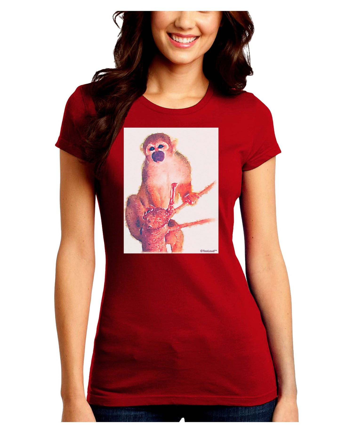 Monkey in Tree Watercolor Juniors Crew Dark T-Shirt-T-Shirts Juniors Tops-TooLoud-Red-Juniors Fitted Small-Davson Sales