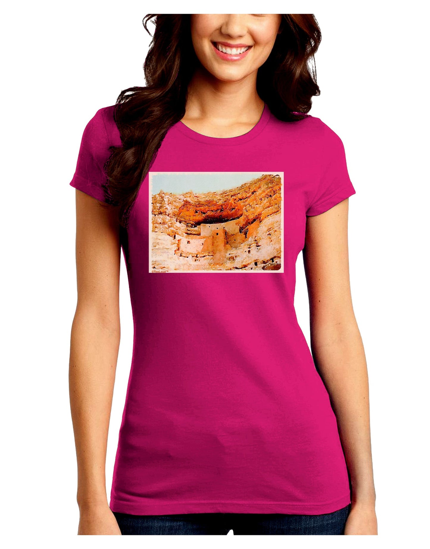 Montezuma Castle Watercolor Juniors Petite Crew Dark T-Shirt-T-Shirts Juniors Tops-TooLoud-Hot-Pink-Juniors Fitted Small-Davson Sales