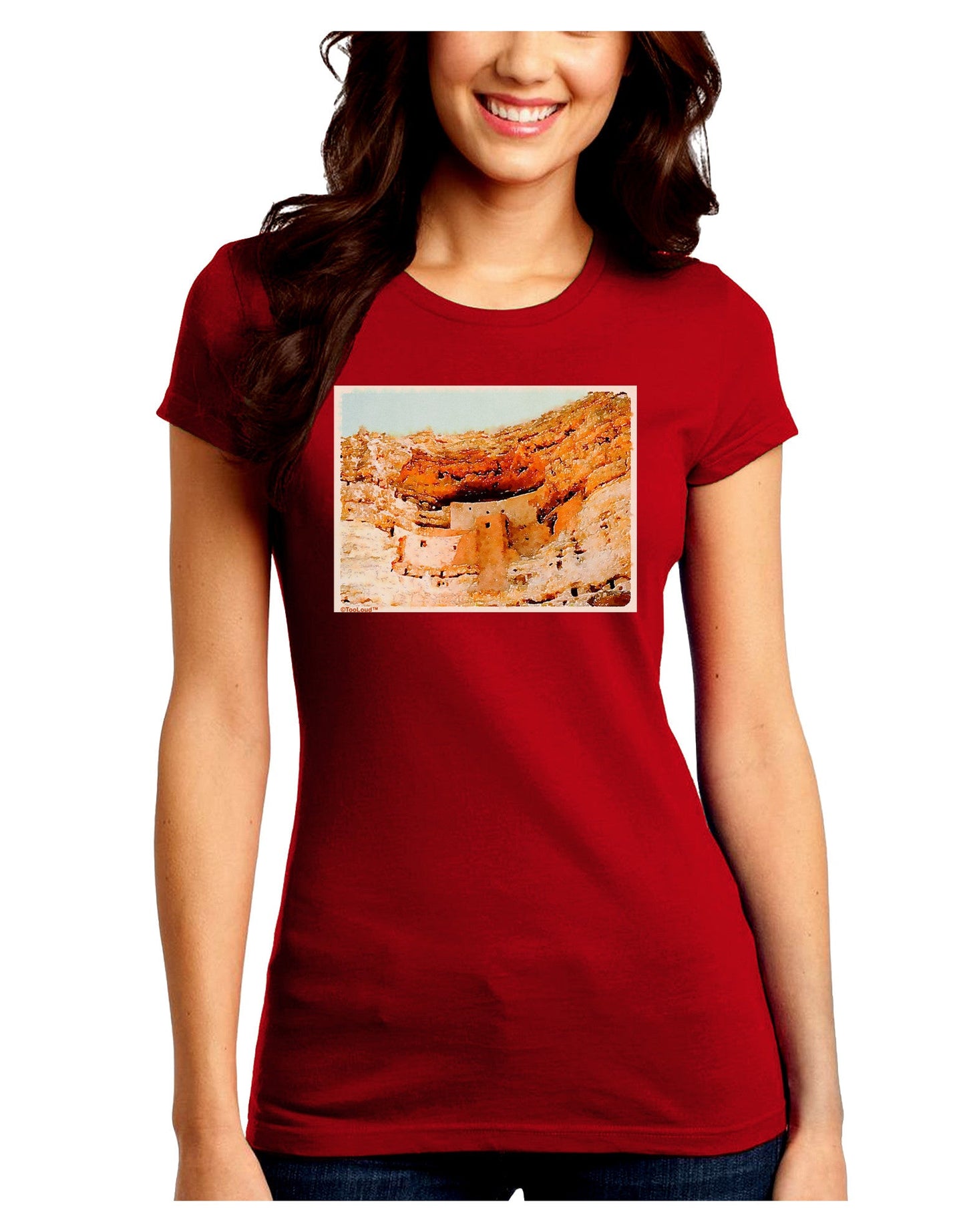 Montezuma Castle Watercolor Juniors Petite Crew Dark T-Shirt-T-Shirts Juniors Tops-TooLoud-Red-Juniors Fitted Small-Davson Sales