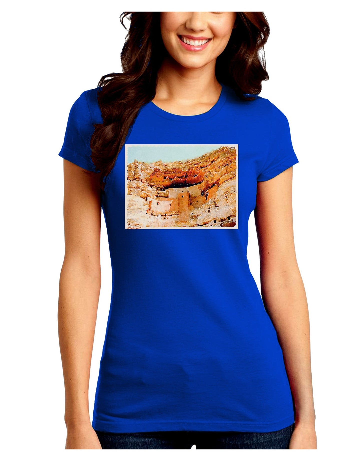 Montezuma Castle Watercolor Juniors Petite Crew Dark T-Shirt-T-Shirts Juniors Tops-TooLoud-Royal-Blue-Juniors Fitted Small-Davson Sales