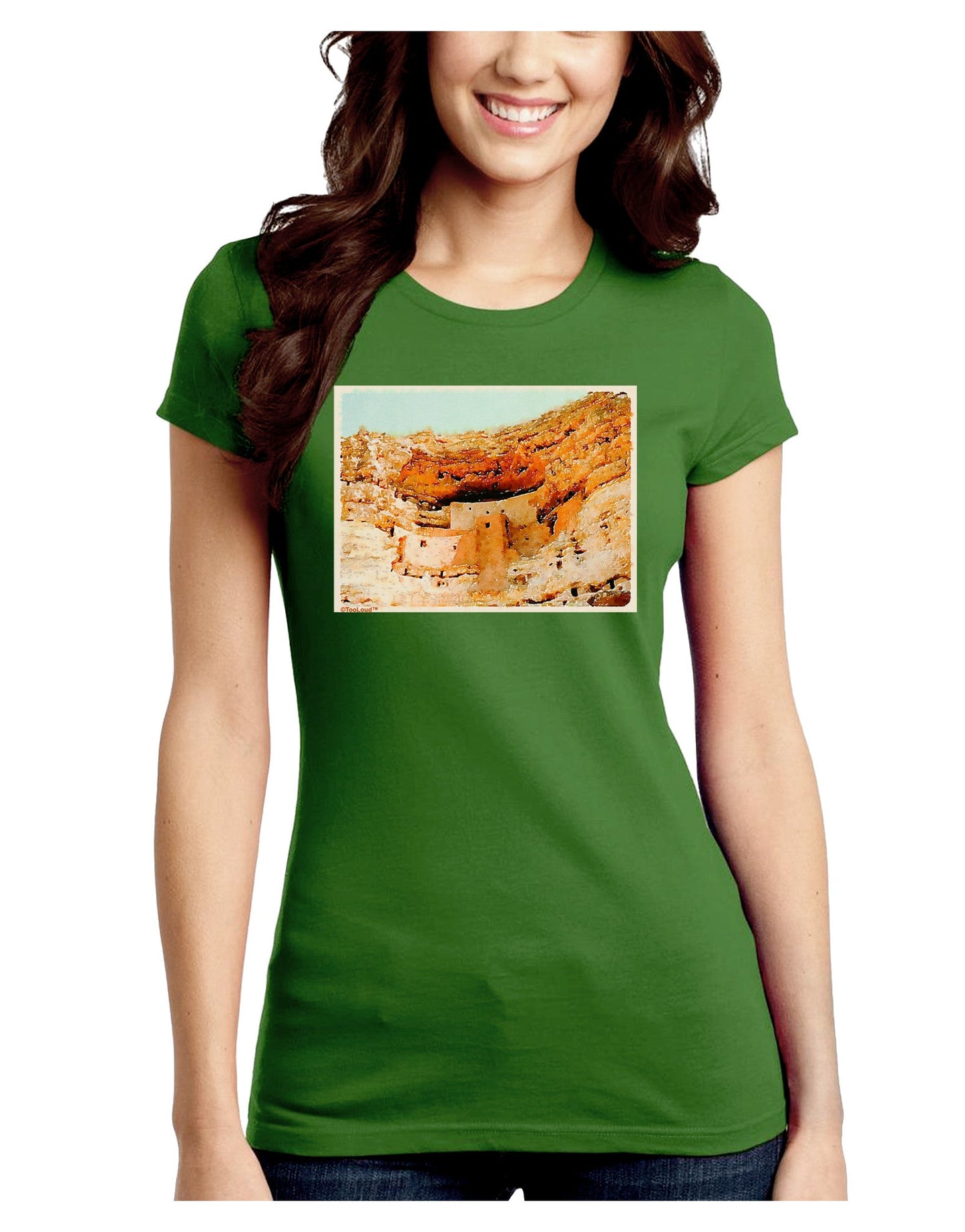 Montezuma Castle Watercolor Juniors Petite Crew Dark T-Shirt-T-Shirts Juniors Tops-TooLoud-Kiwi-Green-Juniors Fitted Small-Davson Sales