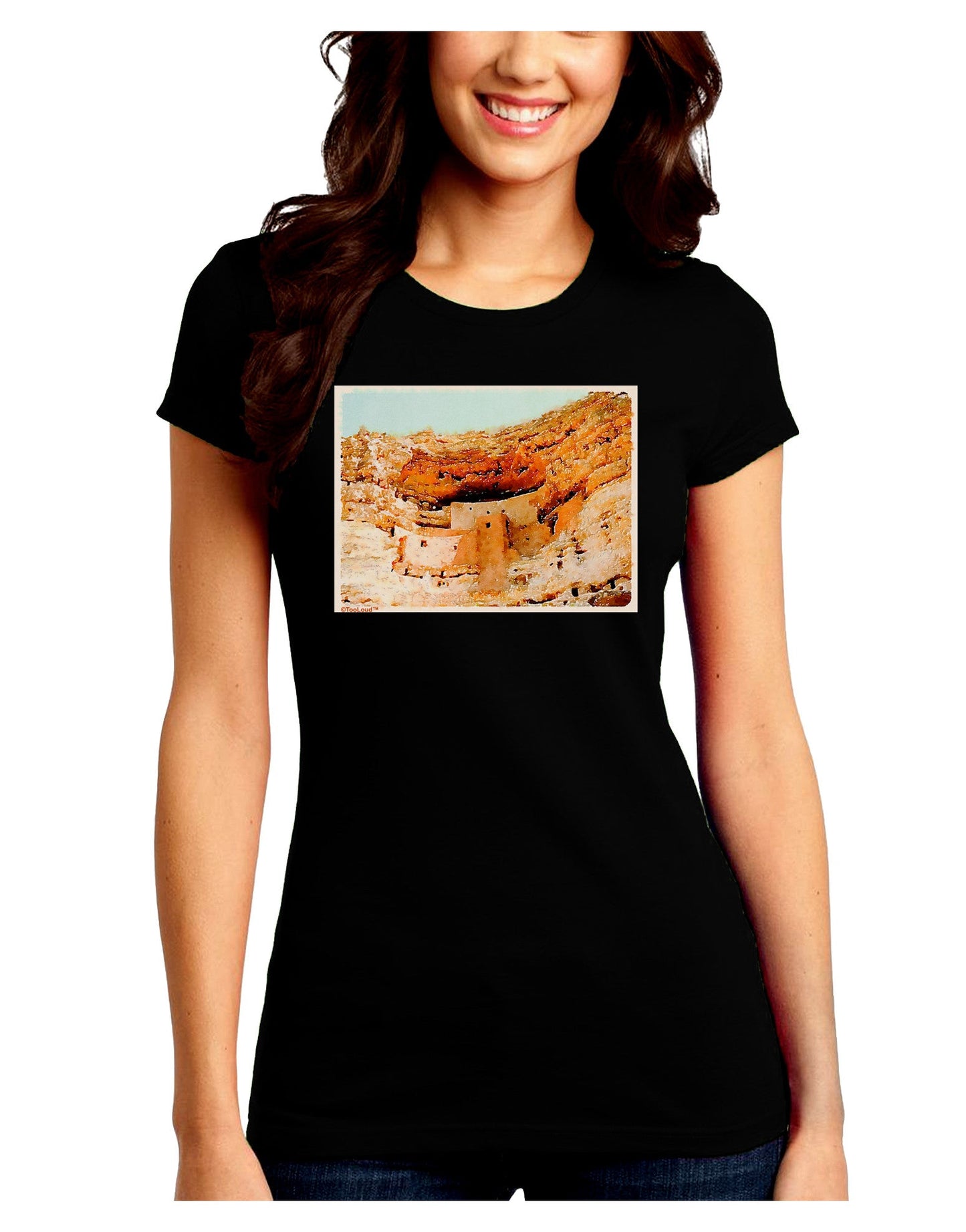Montezuma Castle Watercolor Juniors Petite Crew Dark T-Shirt-T-Shirts Juniors Tops-TooLoud-Black-Juniors Fitted Small-Davson Sales