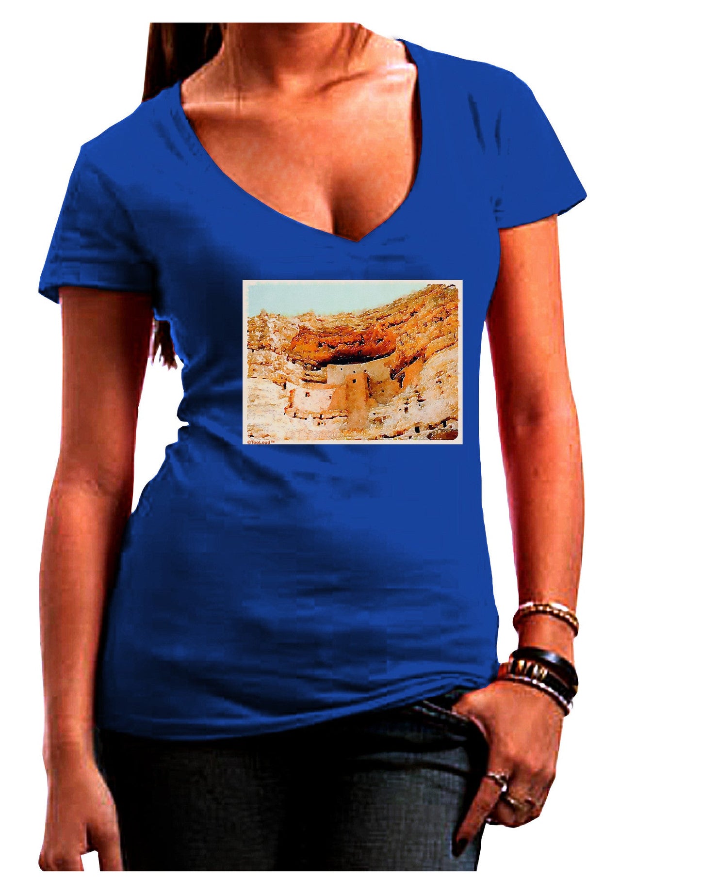 Montezuma Castle Watercolor Womens V-Neck Dark T-Shirt-Womens V-Neck T-Shirts-TooLoud-Royal-Blue-Juniors Fitted Small-Davson Sales