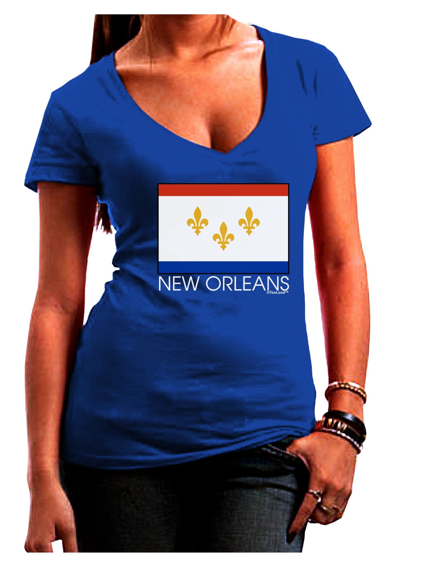 New Orleans Louisiana Flag Text Womens V-Neck Dark T-Shirt-Womens V-Neck T-Shirts-TooLoud-Royal-Blue-Juniors Fitted Small-Davson Sales