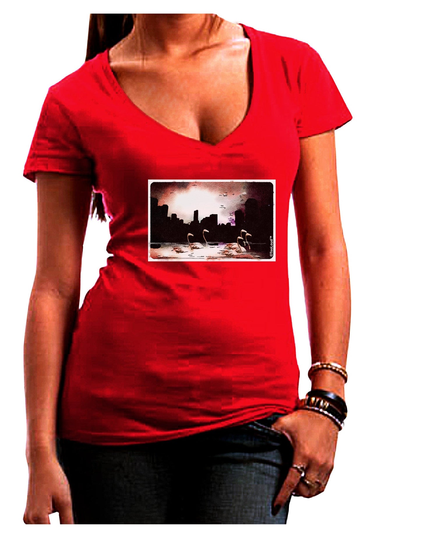 Nighttime Flamingos Juniors V-Neck Dark T-Shirt-Womens V-Neck T-Shirts-TooLoud-Red-Juniors Fitted Small-Davson Sales
