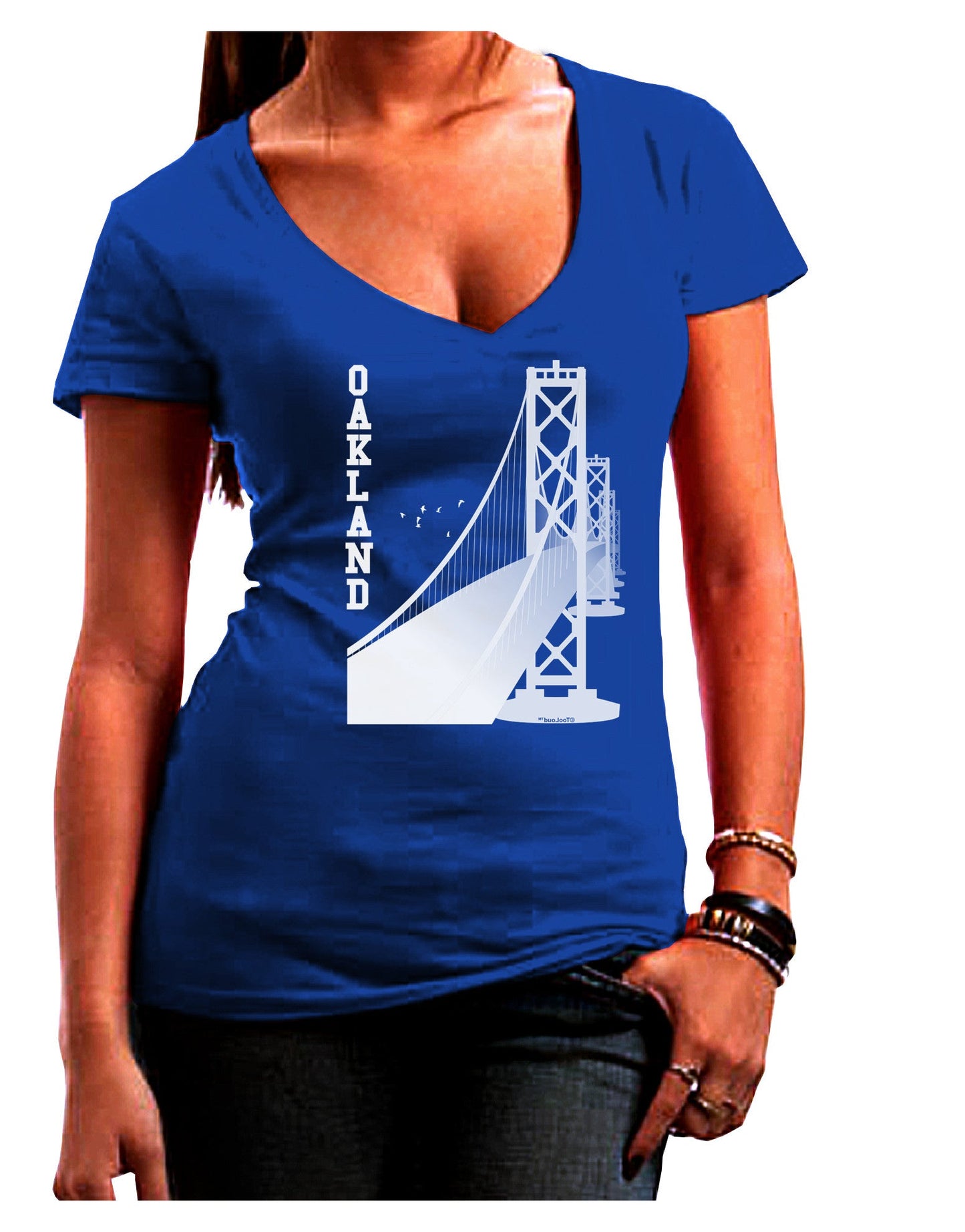 Oakland Text Bay Bridge Womens V-Neck Dark T-Shirt-Womens V-Neck T-Shirts-TooLoud-Royal-Blue-Juniors Fitted Small-Davson Sales