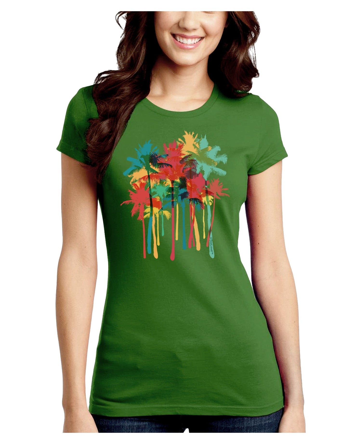 Paint Splash Palm Trees Juniors Petite Crew Dark T-Shirt-T-Shirts Juniors Tops-TooLoud-Kiwi-Green-Juniors Fitted Small-Davson Sales