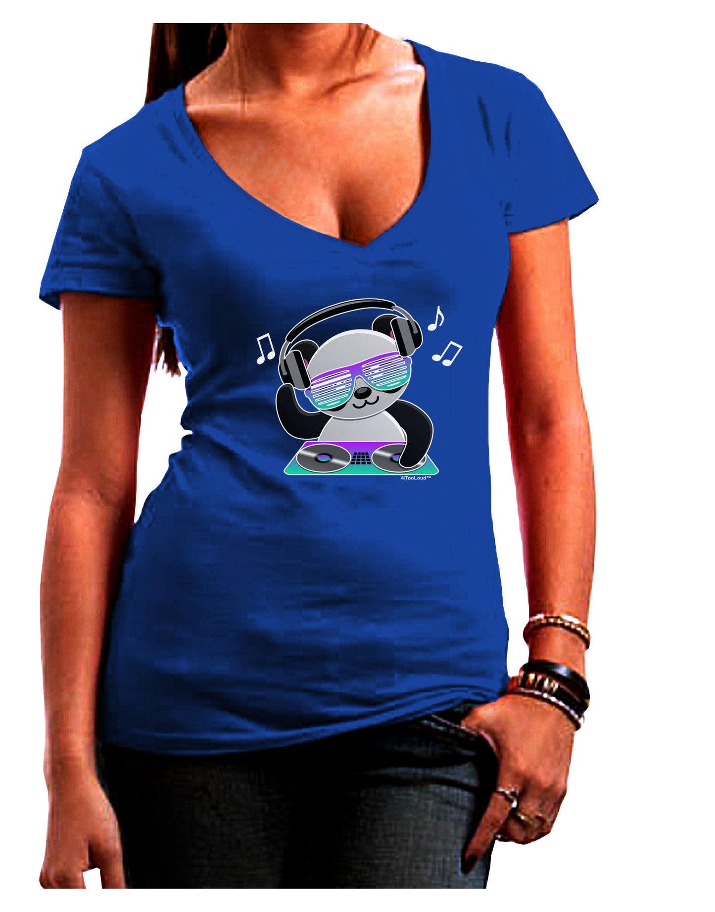Panda DJ Womens V-Neck Dark T-Shirt-Womens V-Neck T-Shirts-TooLoud-Royal-Blue-Juniors Fitted Small-Davson Sales