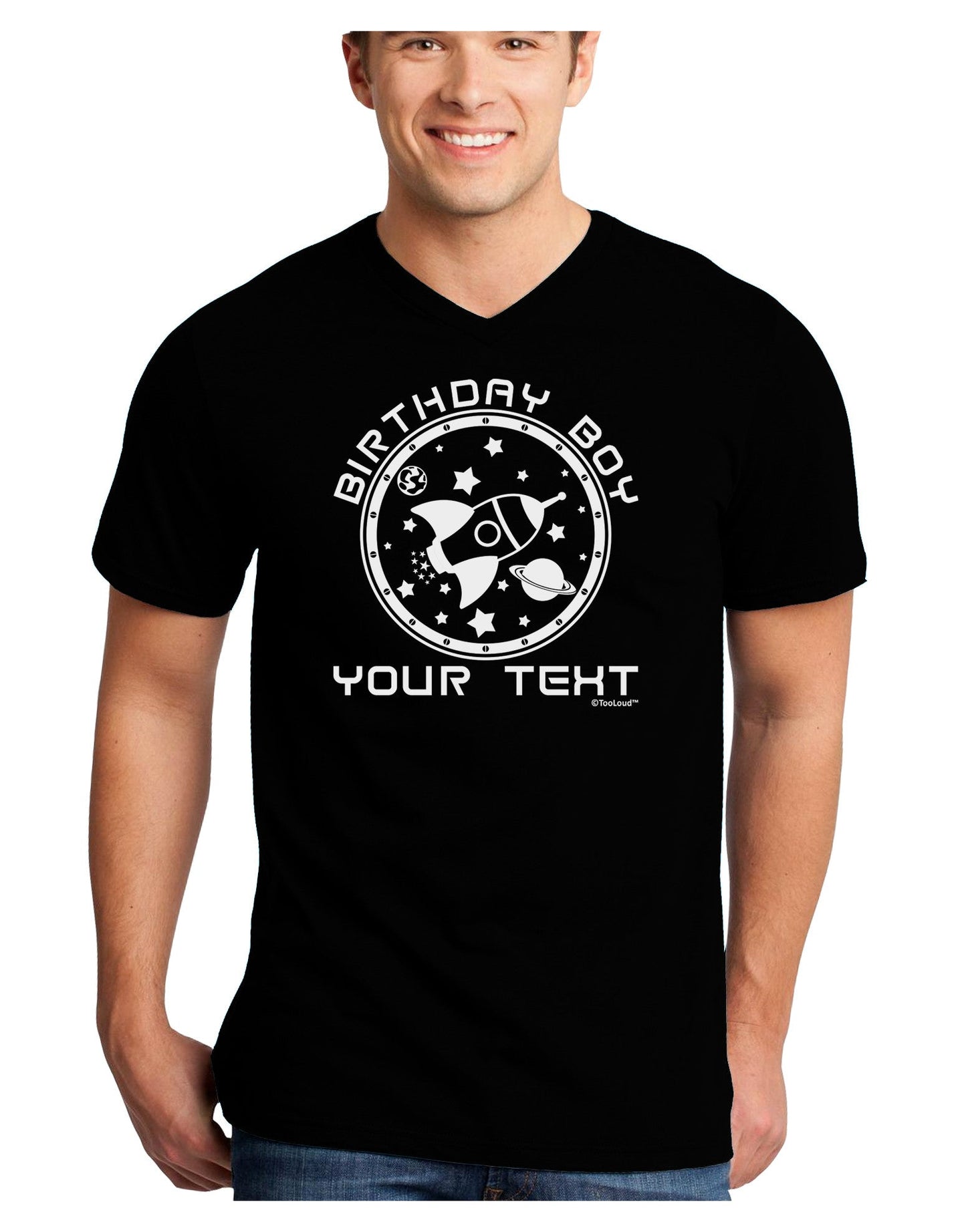 Personalized Birthday Boy Space with Customizable Name Adult Dark V-Neck T-Shirt-TooLoud-Black-Small-Davson Sales