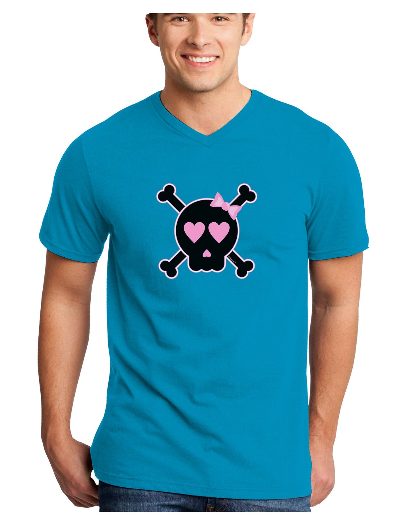 Pink and Black Crossbones Girl Adult Dark V-Neck T-Shirt-TooLoud-Turquoise-Small-Davson Sales