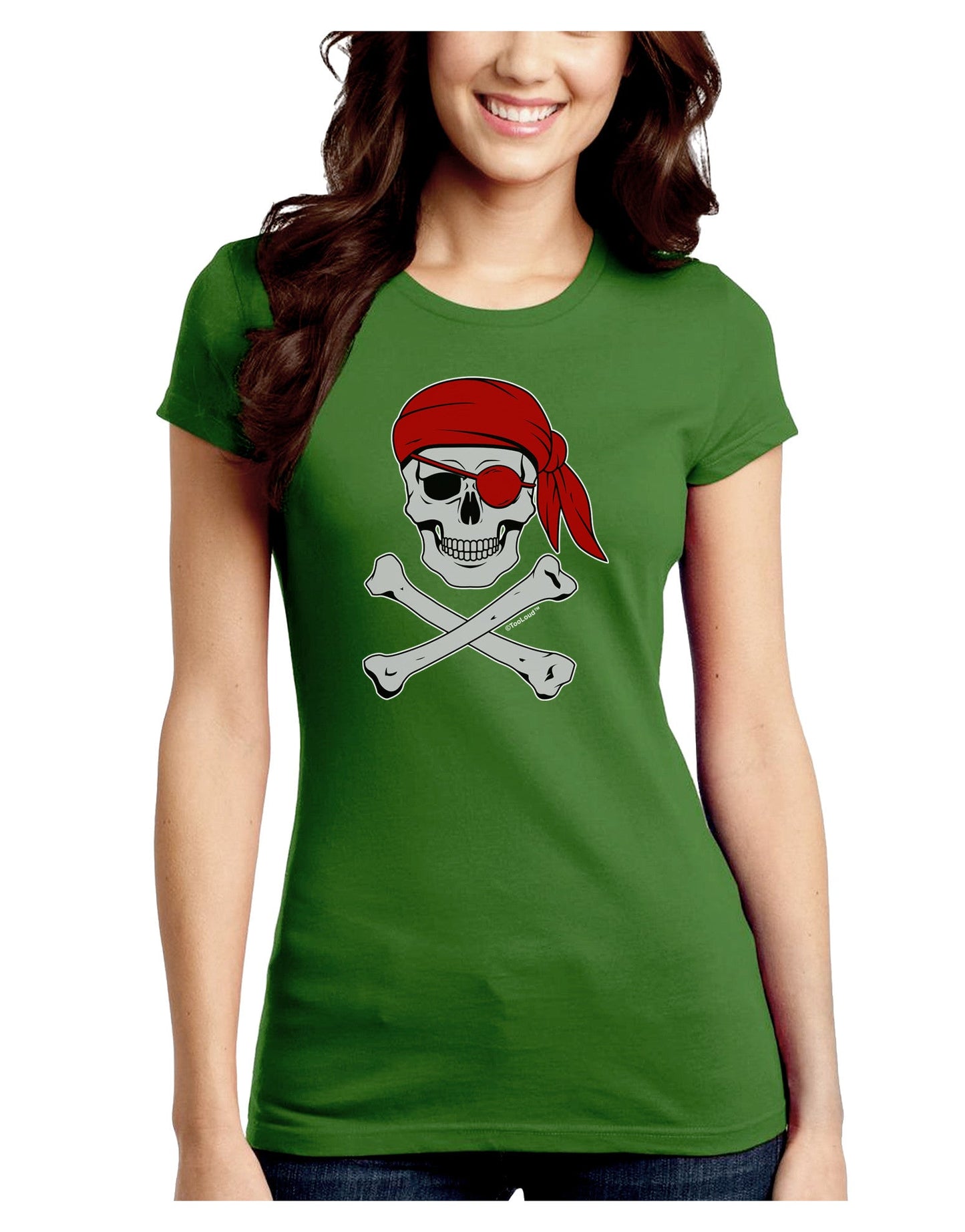 Pirate Skull Juniors Petite Crew Dark T-Shirt-T-Shirts Juniors Tops-TooLoud-Kiwi-Green-Juniors Fitted Small-Davson Sales