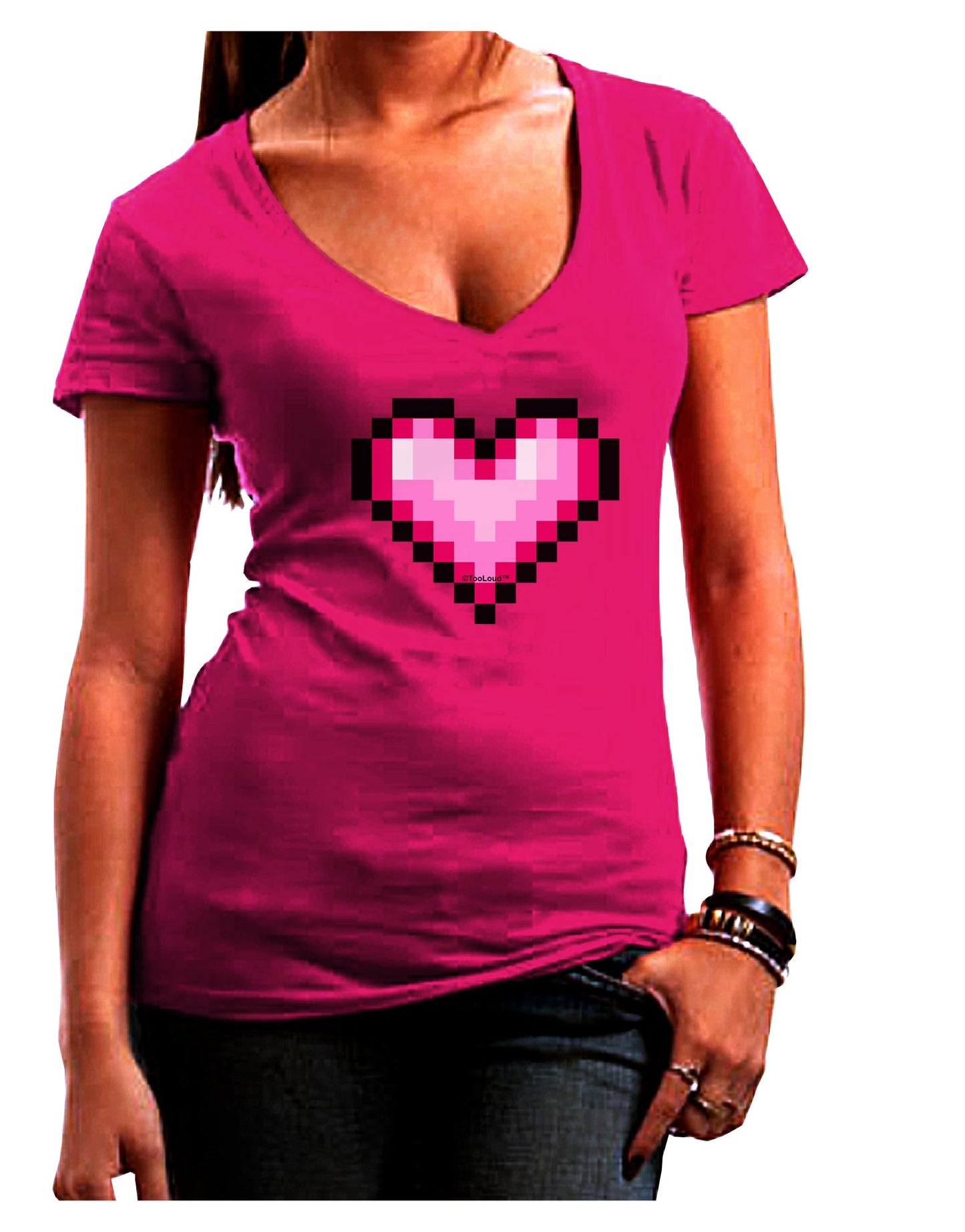Pixel Heart Design B - Valentine's Day Juniors V-Neck Dark T-Shirt by TooLoud-Womens V-Neck T-Shirts-TooLoud-Hot-Pink-Juniors Fitted Small-Davson Sales