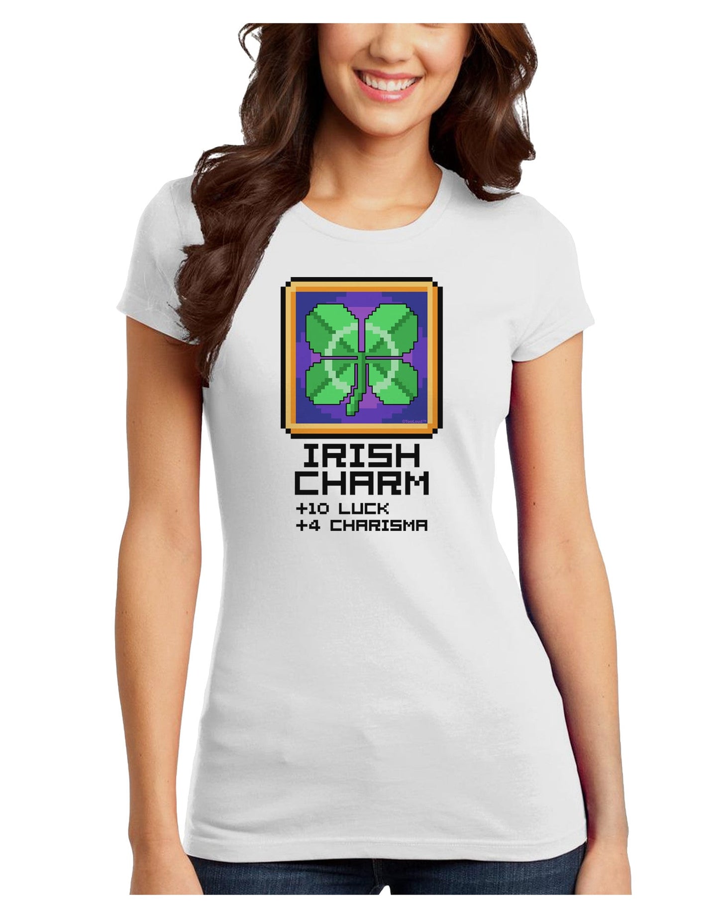 Pixel Irish Charm Item Juniors Petite T-Shirt-T-Shirts Juniors Tops-TooLoud-White-Juniors Fitted X-Small-Davson Sales