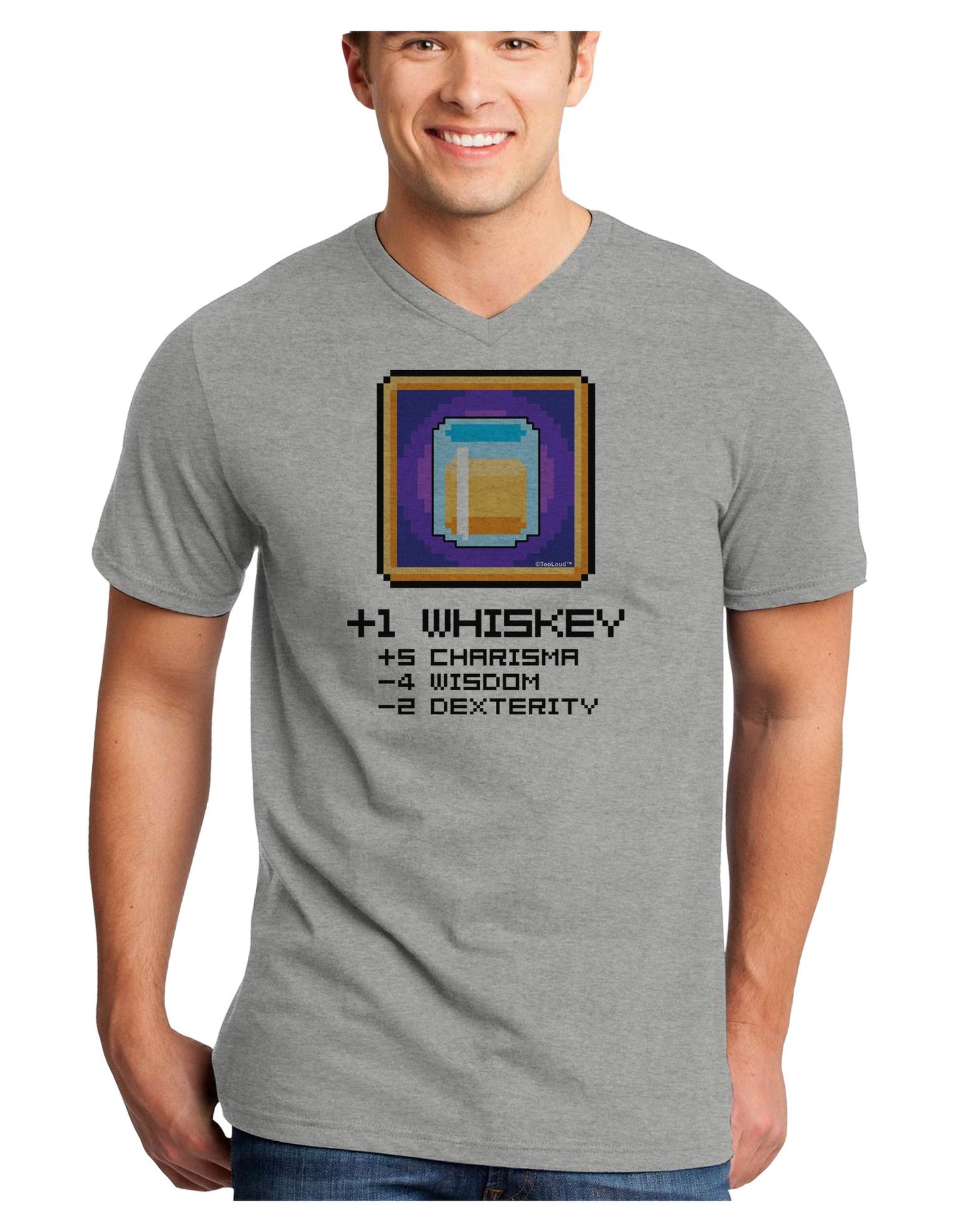 Pixel Whiskey Item Adult V-Neck T-shirt-Mens V-Neck T-Shirt-TooLoud-HeatherGray-Small-Davson Sales