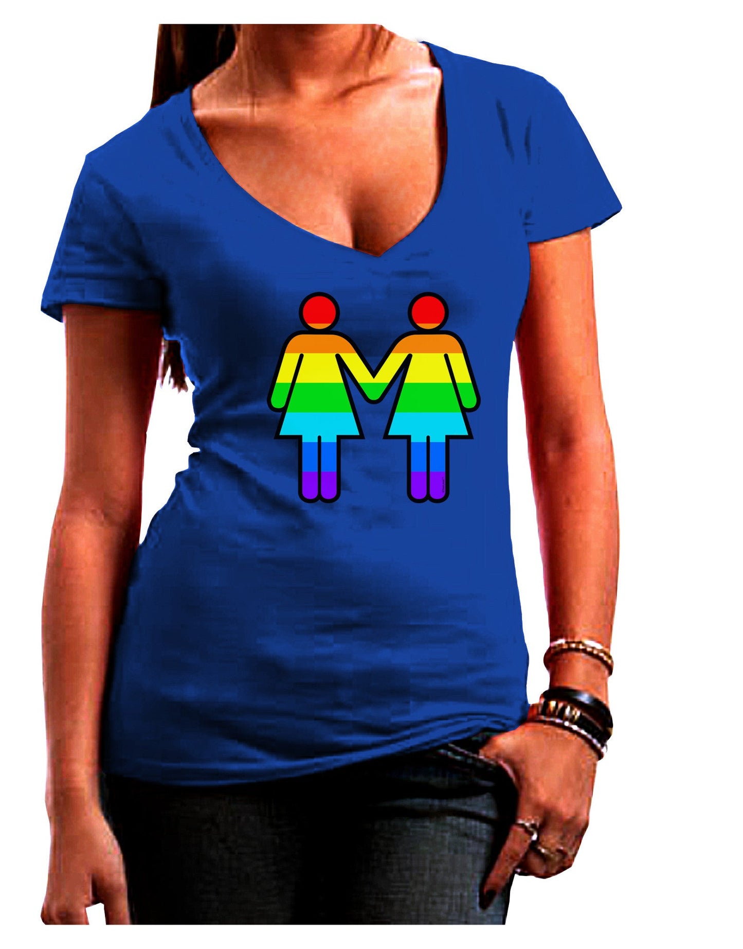 Rainbow Lesbian Women Holding Hands Juniors V-Neck Dark T-Shirt-Womens V-Neck T-Shirts-TooLoud-Royal-Blue-Small-Davson Sales