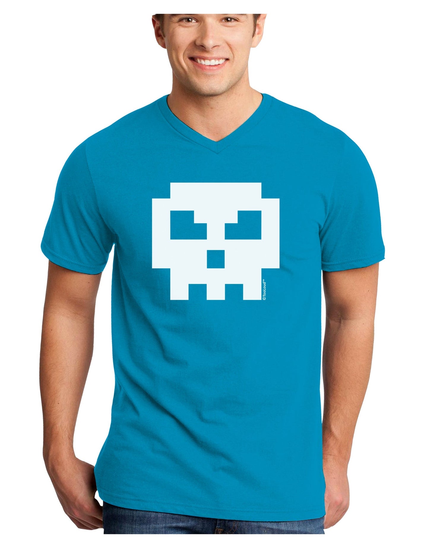 Retro 8-Bit Skull Adult Dark V-Neck T-Shirt-TooLoud-Turquoise-Small-Davson Sales