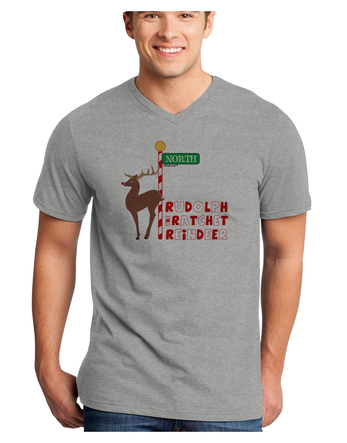 Rudolf Ratchet Reindeer Color Text Adult V-Neck T-shirt-Mens V-Neck T-Shirt-TooLoud-HeatherGray-Small-Davson Sales