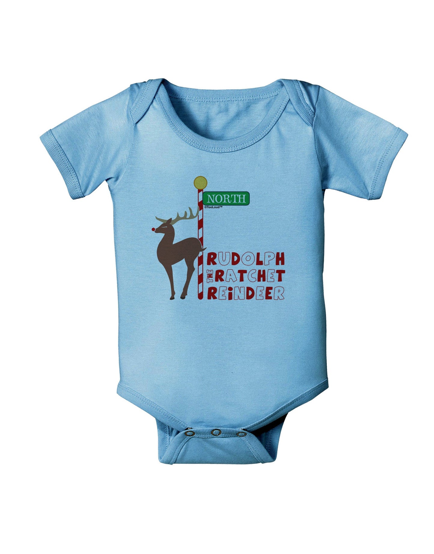 Rudolf Ratchet Reindeer Color Text Baby Romper Bodysuit-Baby Romper-TooLoud-LightBlue-06-Months-Davson Sales