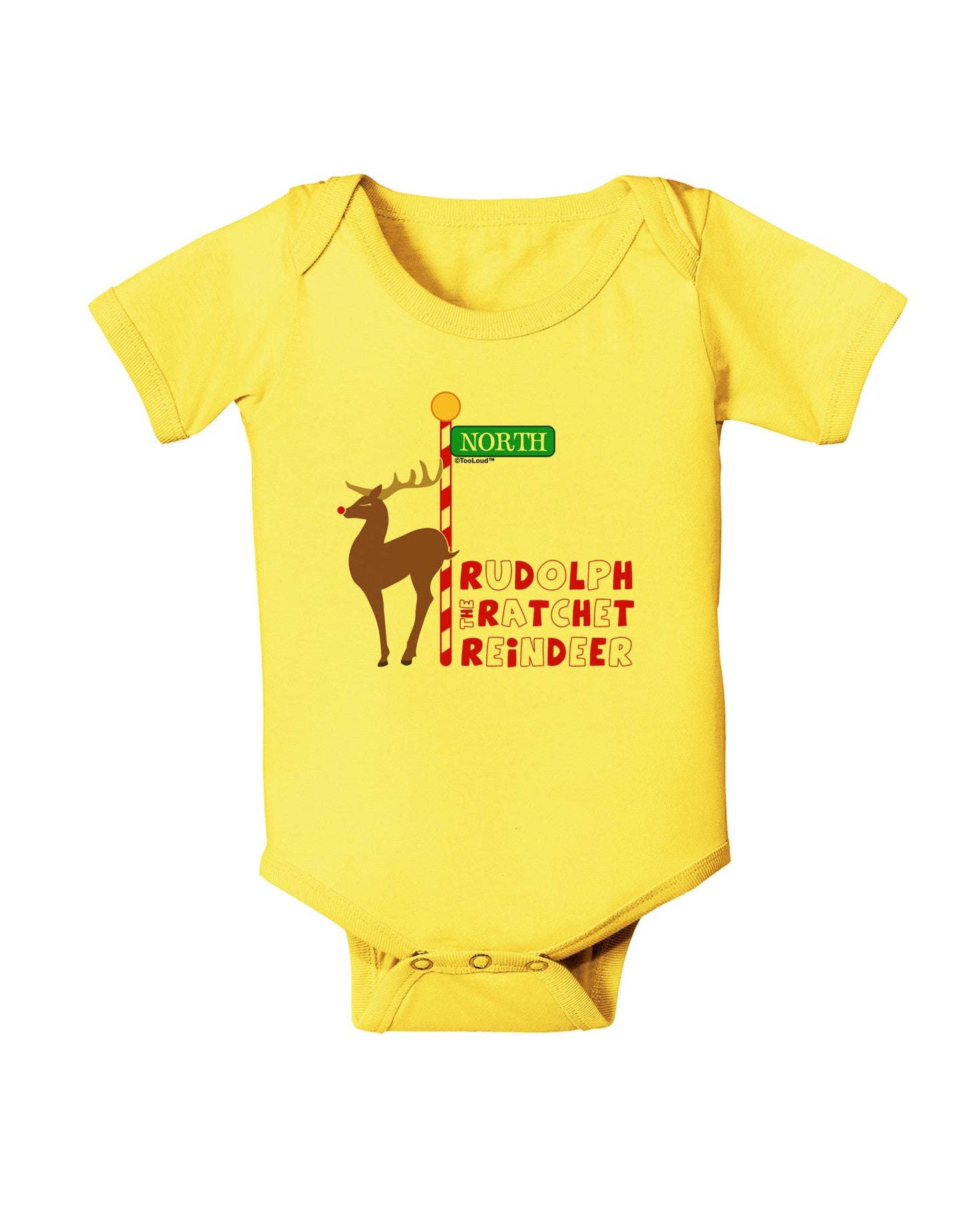 Rudolf Ratchet Reindeer Color Text Baby Romper Bodysuit-Baby Romper-TooLoud-Yellow-06-Months-Davson Sales