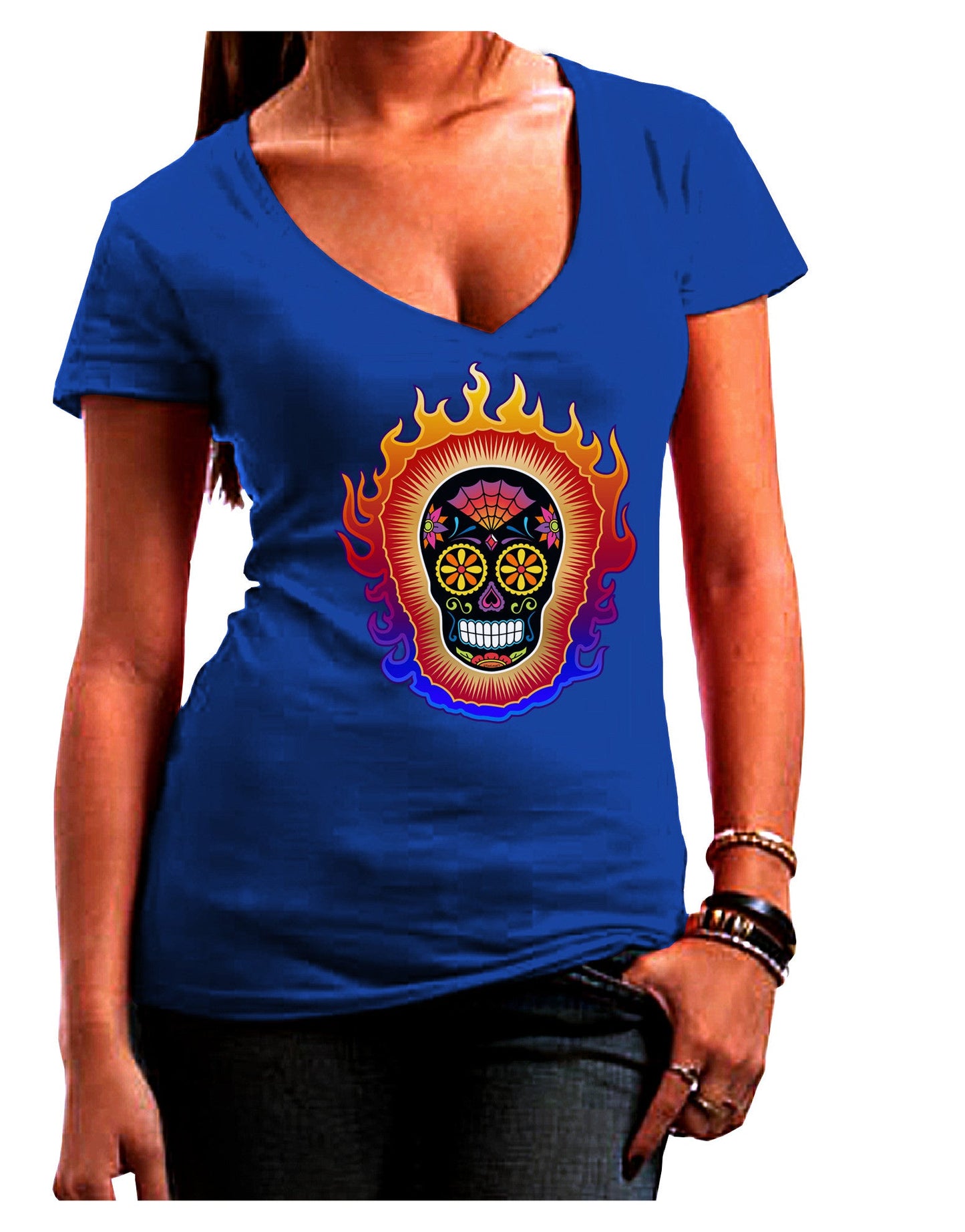 Sacred Calavera Day of the Dead Sugar Skull Juniors V-Neck Dark T-Shirt-Womens V-Neck T-Shirts-TooLoud-Royal-Blue-Juniors Fitted Small-Davson Sales