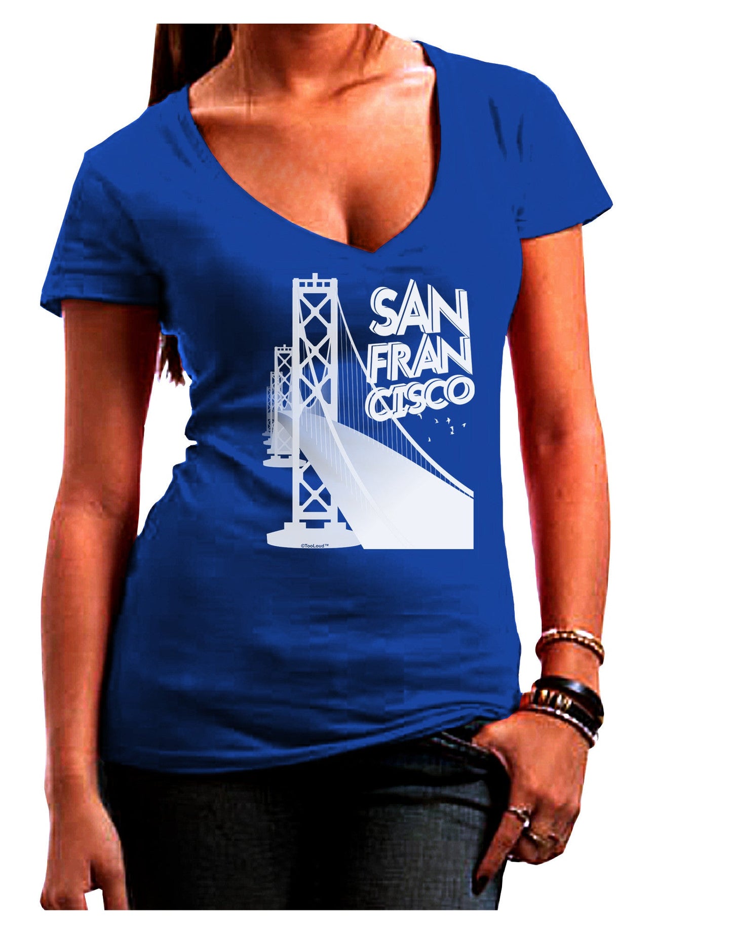 San Francisco Text Bay Bridge Womens V-Neck Dark T-Shirt-Womens V-Neck T-Shirts-TooLoud-Royal-Blue-Juniors Fitted Small-Davson Sales