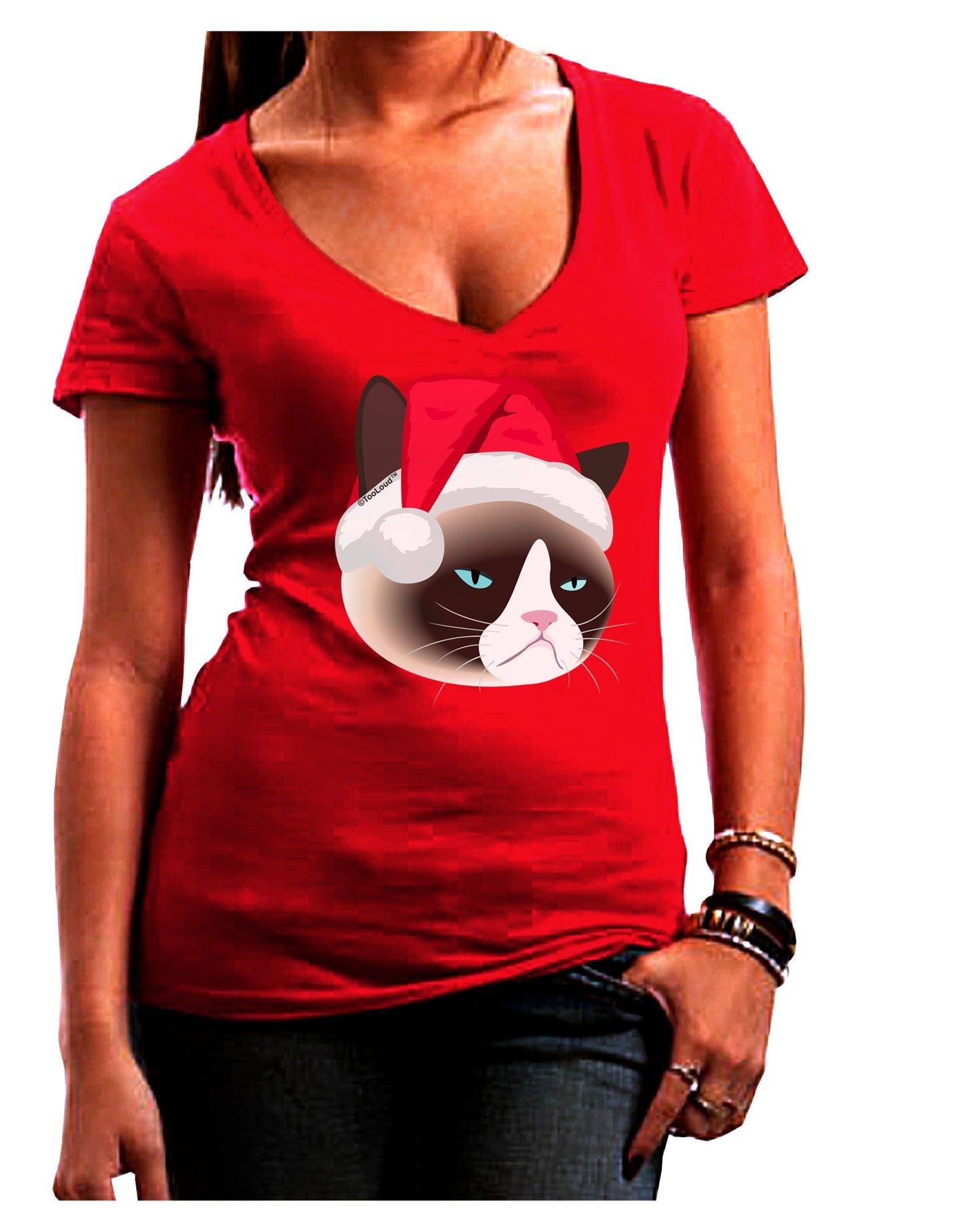 Santa Hat Disgruntled Siamese Cat Juniors V-Neck Dark T-Shirt-Womens V-Neck T-Shirts-TooLoud-Red-Juniors Fitted Small-Davson Sales