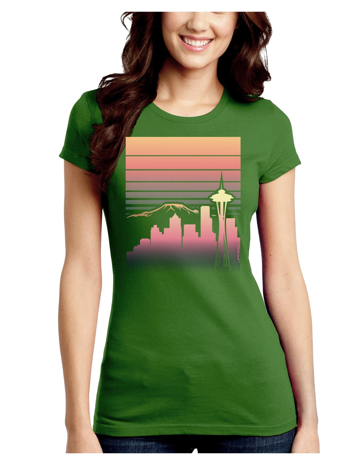 Seattle Skyline Sunrise Juniors Petite Crew Dark T-Shirt-T-Shirts Juniors Tops-TooLoud-Kiwi-Green-Juniors Fitted Small-Davson Sales