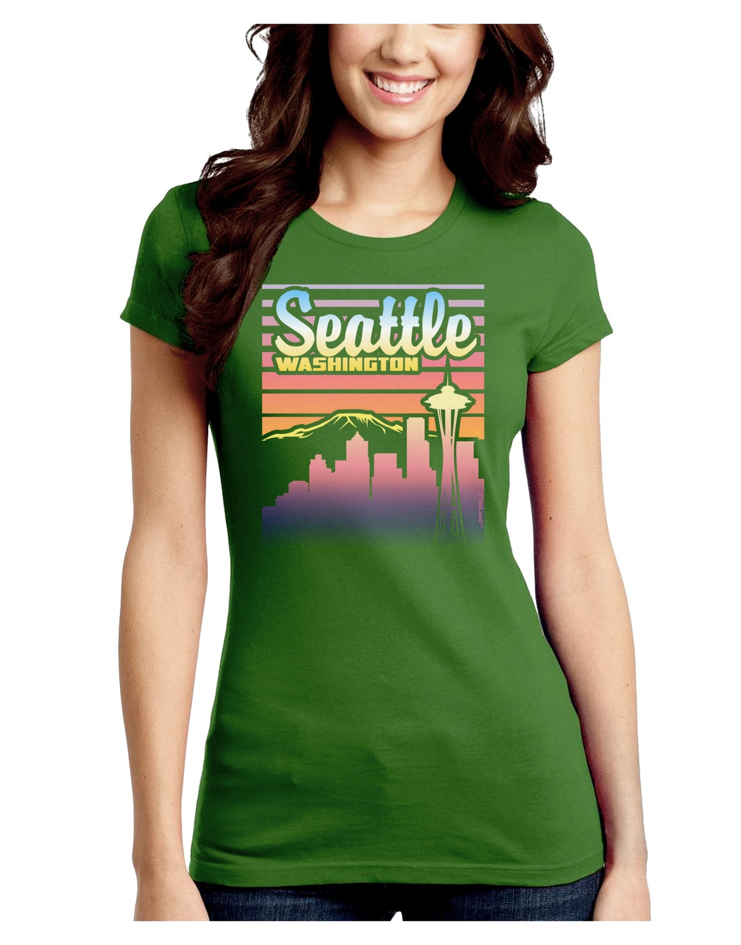 Seattle Washington Sunset Juniors Petite Crew Dark T-Shirt-T-Shirts Juniors Tops-TooLoud-Kiwi-Green-Juniors Fitted Small-Davson Sales