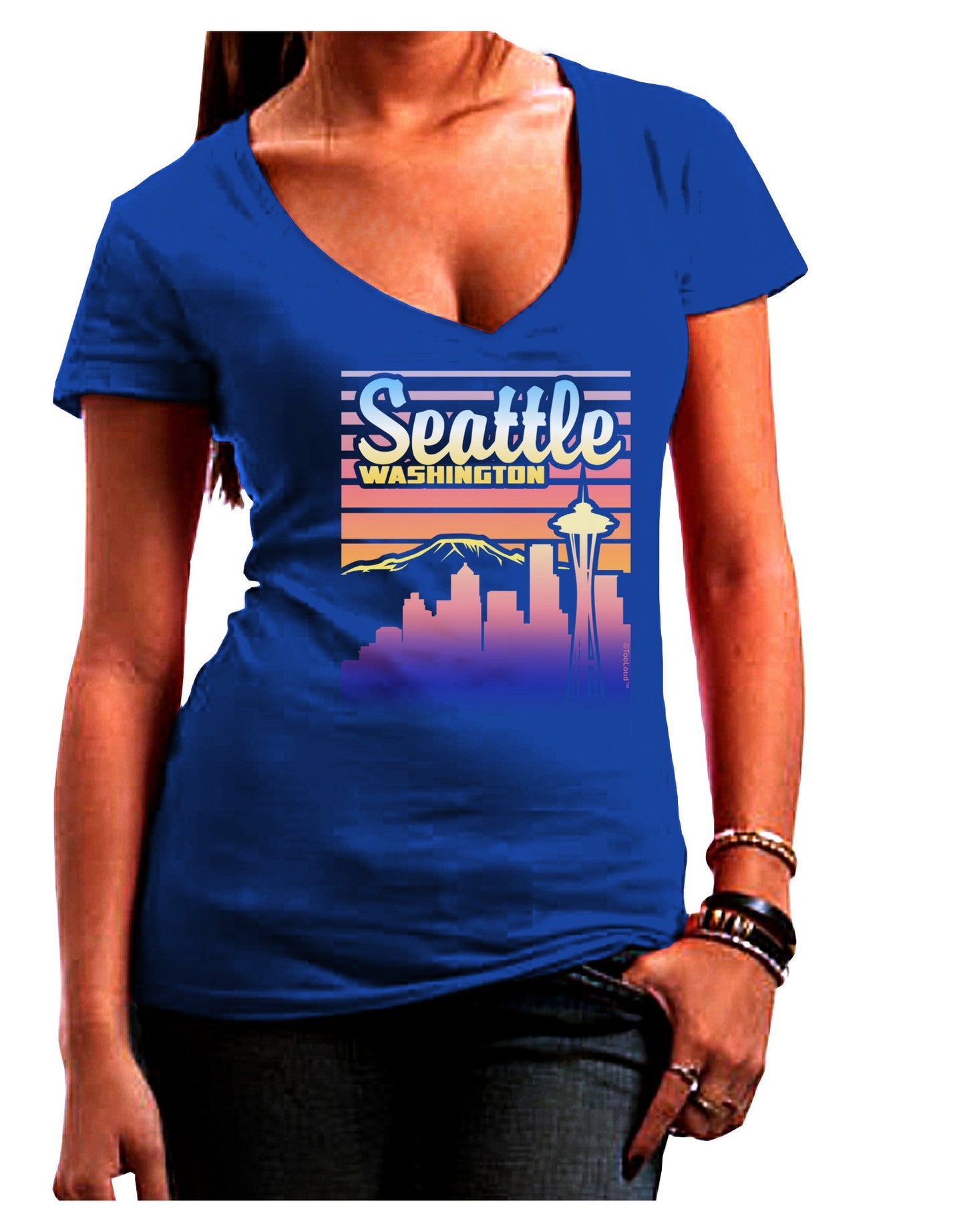 Seattle Washington Sunset Womens V-Neck Dark T-Shirt-Womens V-Neck T-Shirts-TooLoud-Royal-Blue-Juniors Fitted Small-Davson Sales
