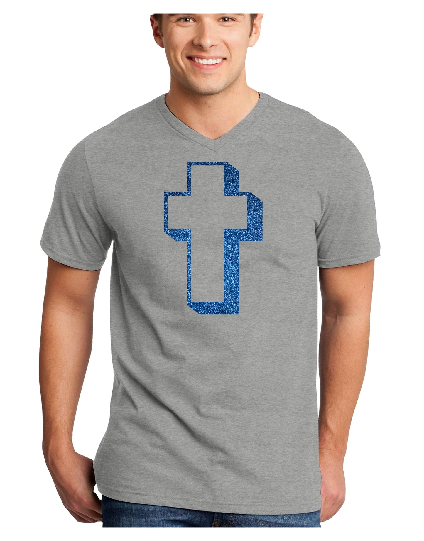 Simple Cross Design Glitter - Blue Adult V-Neck T-shirt by TooLoud-Mens V-Neck T-Shirt-TooLoud-HeatherGray-Small-Davson Sales
