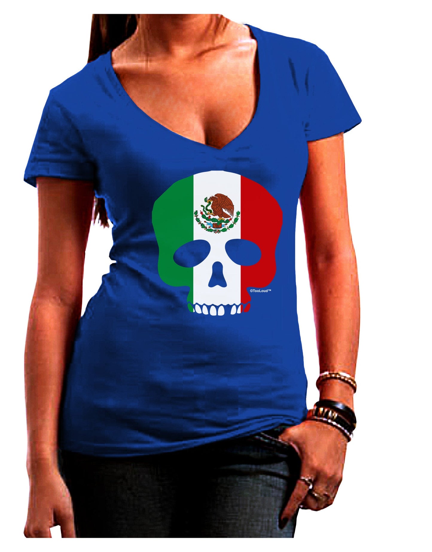 Skull Flag Mexico Womens V-Neck Dark T-Shirt-Womens V-Neck T-Shirts-TooLoud-Royal-Blue-Juniors Fitted Small-Davson Sales
