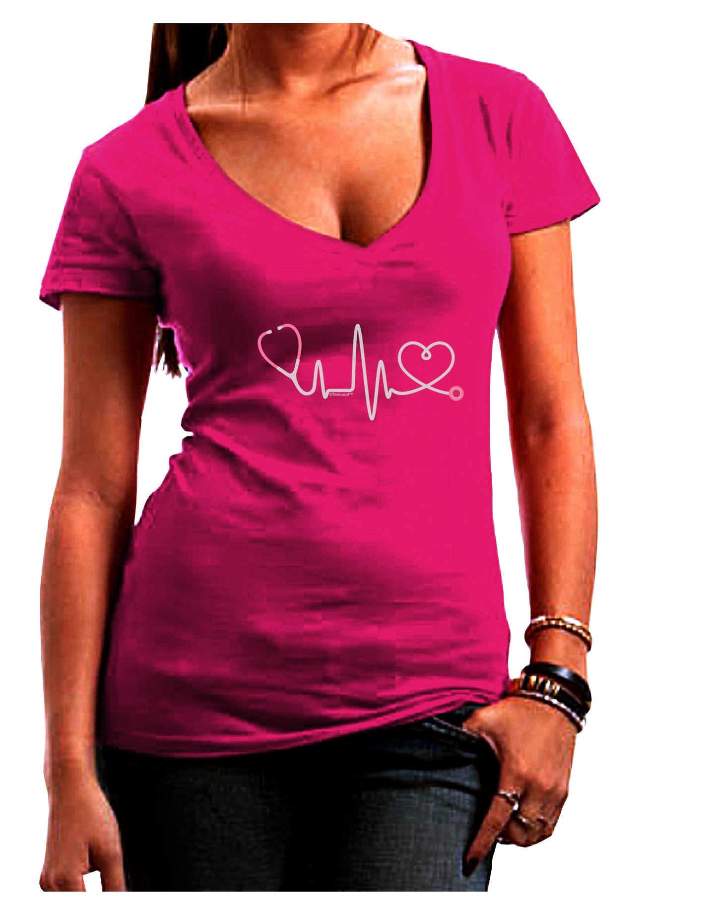 Stethoscope Heartbeat Womens V-Neck Dark T-Shirt-Womens V-Neck T-Shirts-TooLoud-Hot-Pink-Juniors Fitted Small-Davson Sales