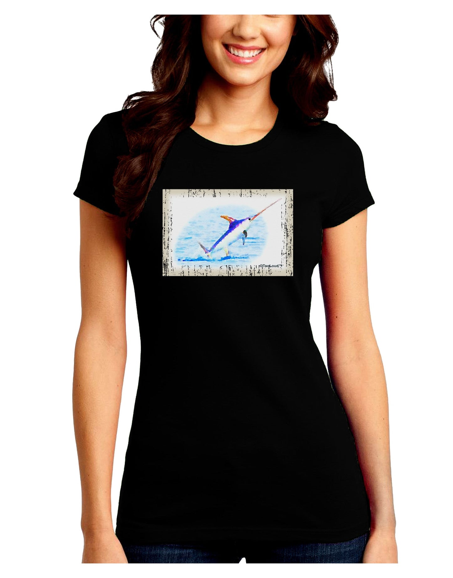 Swordfish Watercolor Juniors Crew Dark T-Shirt-T-Shirts Juniors Tops-TooLoud-Black-Juniors Fitted Small-Davson Sales