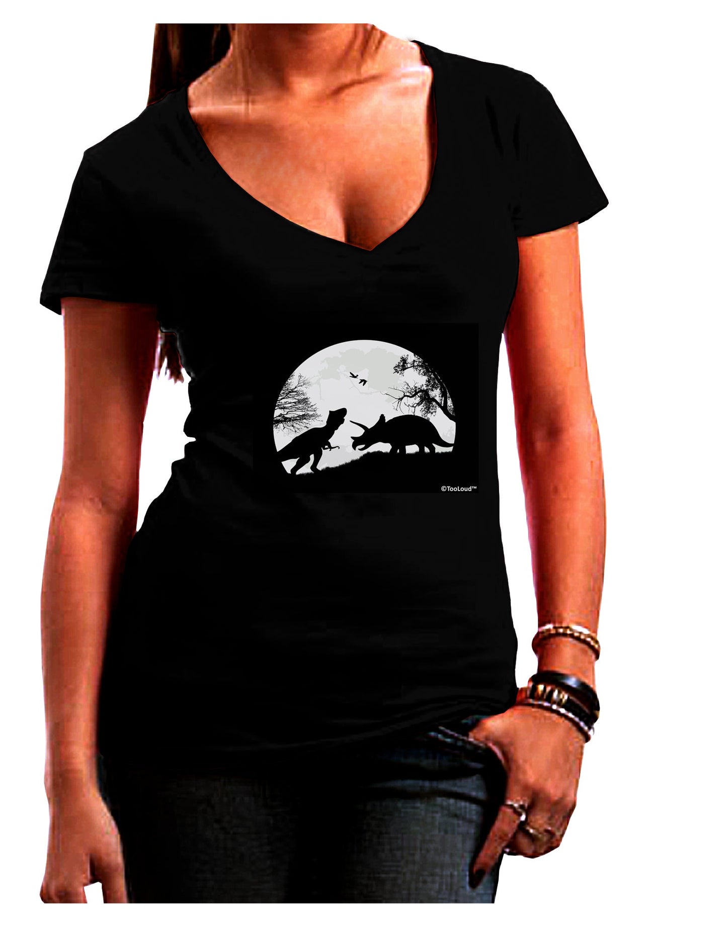 T-Rex and Triceratops Silhouettes Design Juniors V-Neck Dark T-Shirt by TooLoud-Womens V-Neck T-Shirts-TooLoud-Black-Juniors Fitted Small-Davson Sales