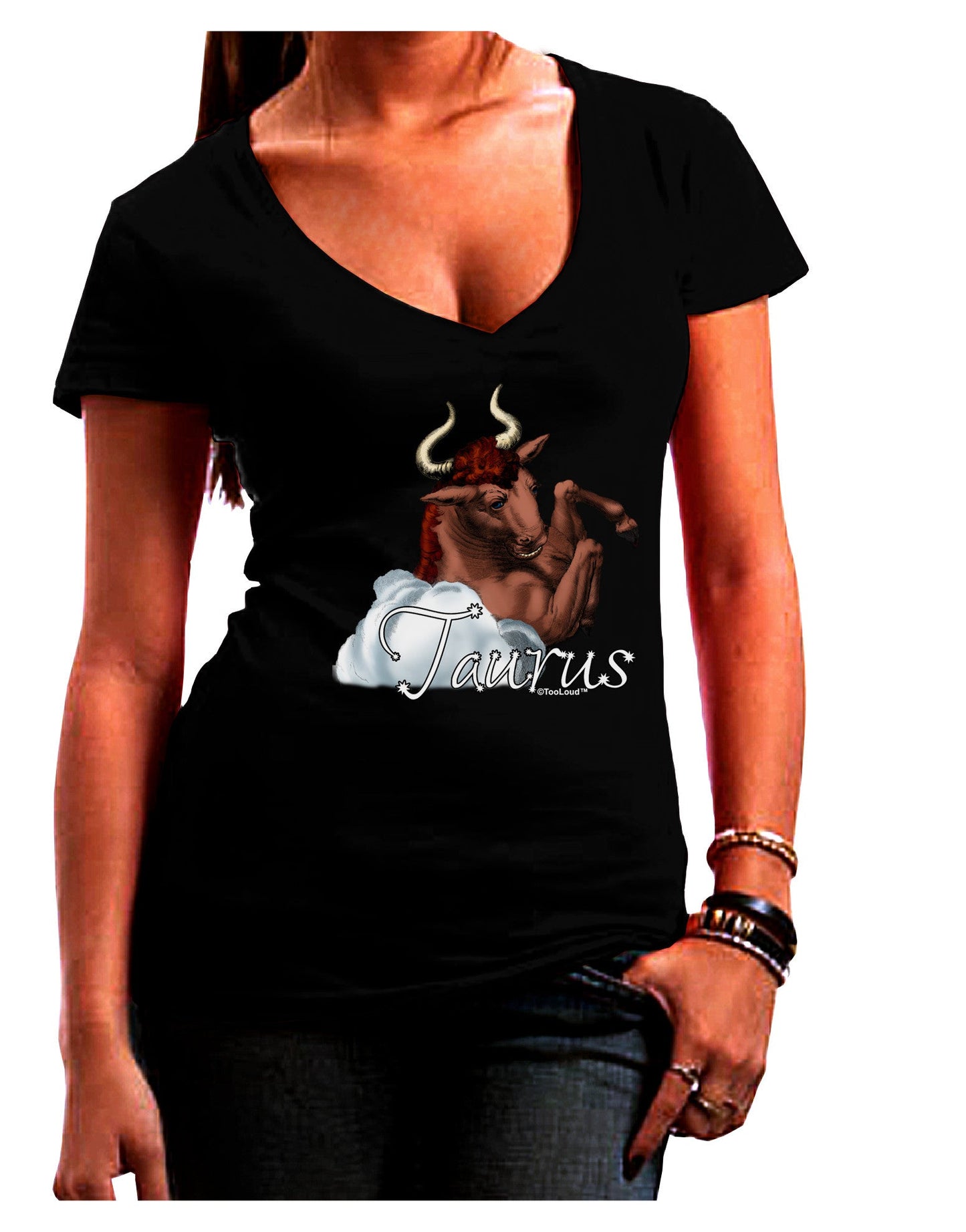 Taurus Color Illustration Juniors V-Neck Dark T-Shirt-Womens V-Neck T-Shirts-TooLoud-Black-Juniors Fitted Small-Davson Sales