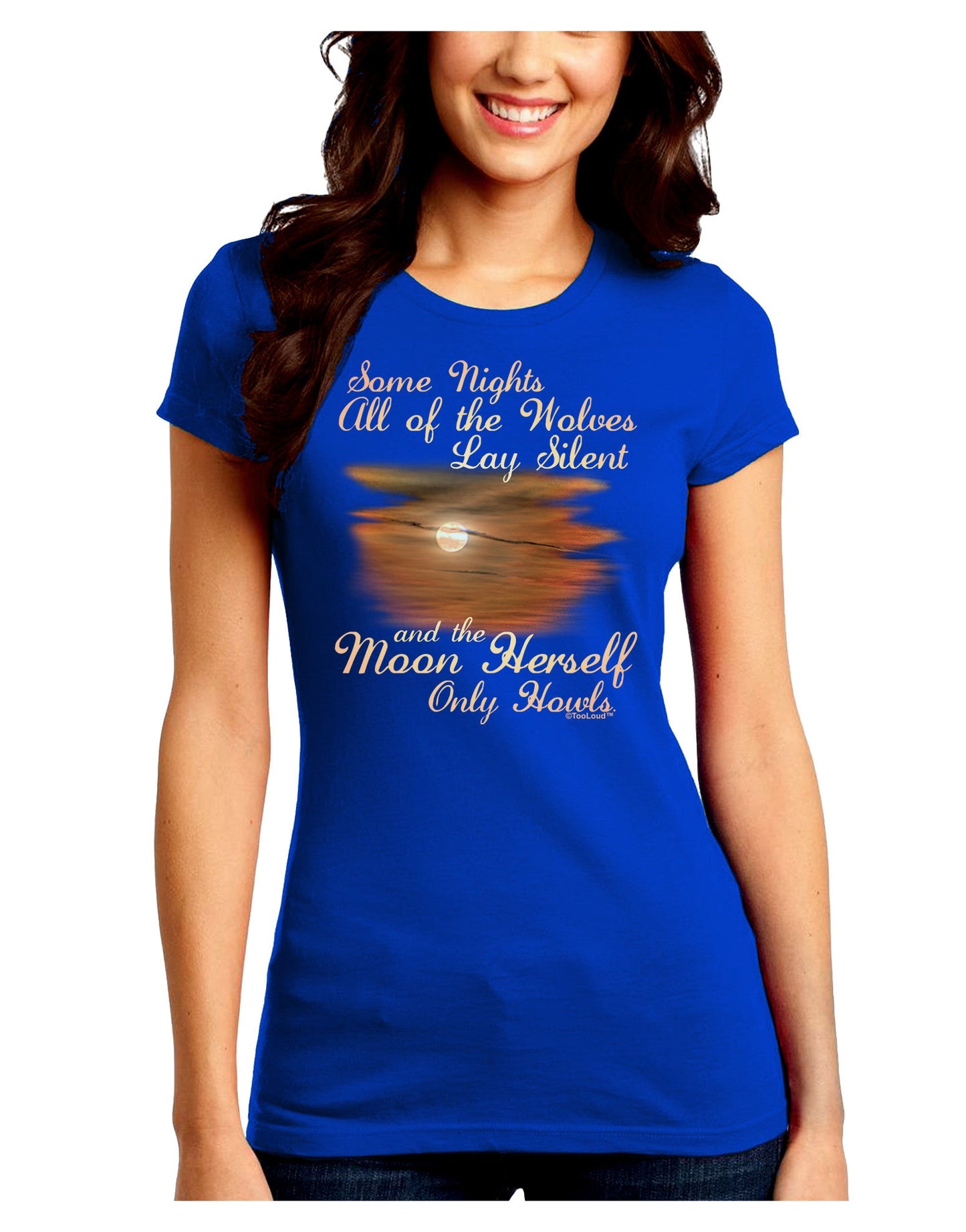 The Moon Herself Howls Juniors Petite Crew Dark T-Shirt-T-Shirts Juniors Tops-TooLoud-Royal-Blue-Juniors Fitted Small-Davson Sales