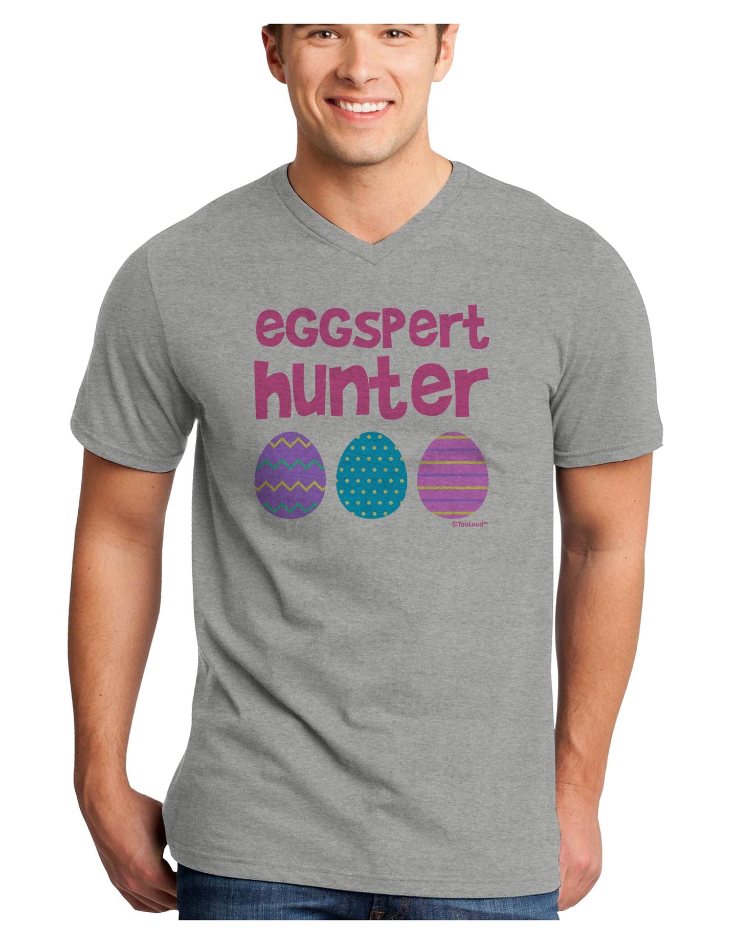 TooLoud Eggspert Hunter - Easter - Pink Adult V-Neck T-shirt-Mens V-Neck T-Shirt-TooLoud-HeatherGray-Small-Davson Sales