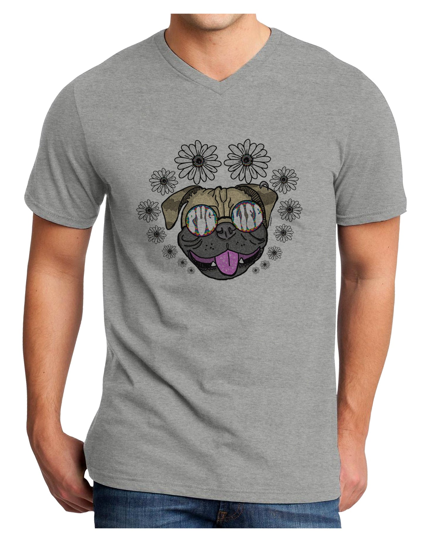 TooLoud Pug Life Hippy Adult V-Neck T-shirt-Mens V-Neck T-Shirt-TooLoud-HeatherGray-Small-Davson Sales