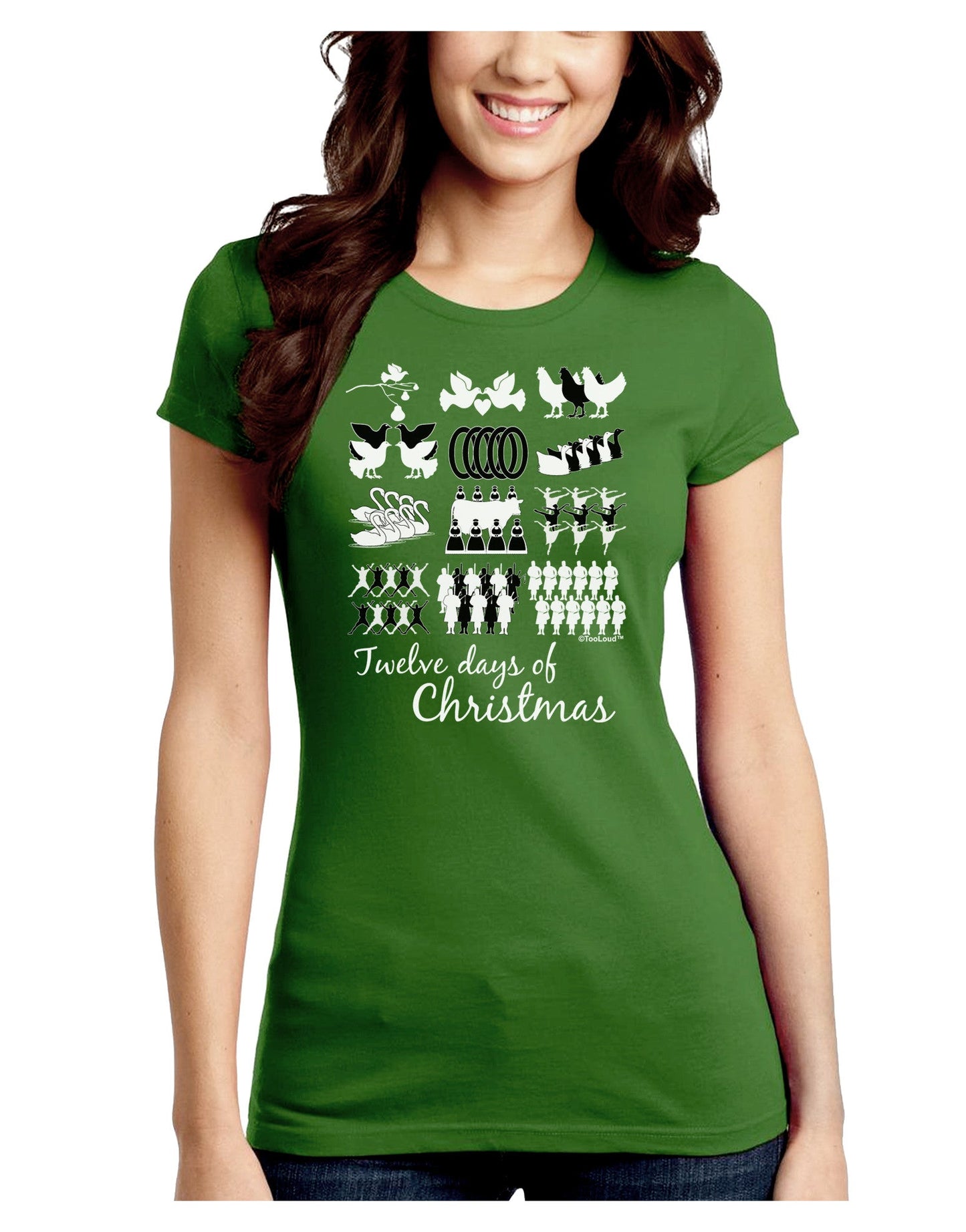 TooLoud Twelve Days of Christmas Text Juniors Crew Dark T-Shirt-T-Shirts Juniors Tops-TooLoud-Kiwi-Green-Juniors Fitted Small-Davson Sales