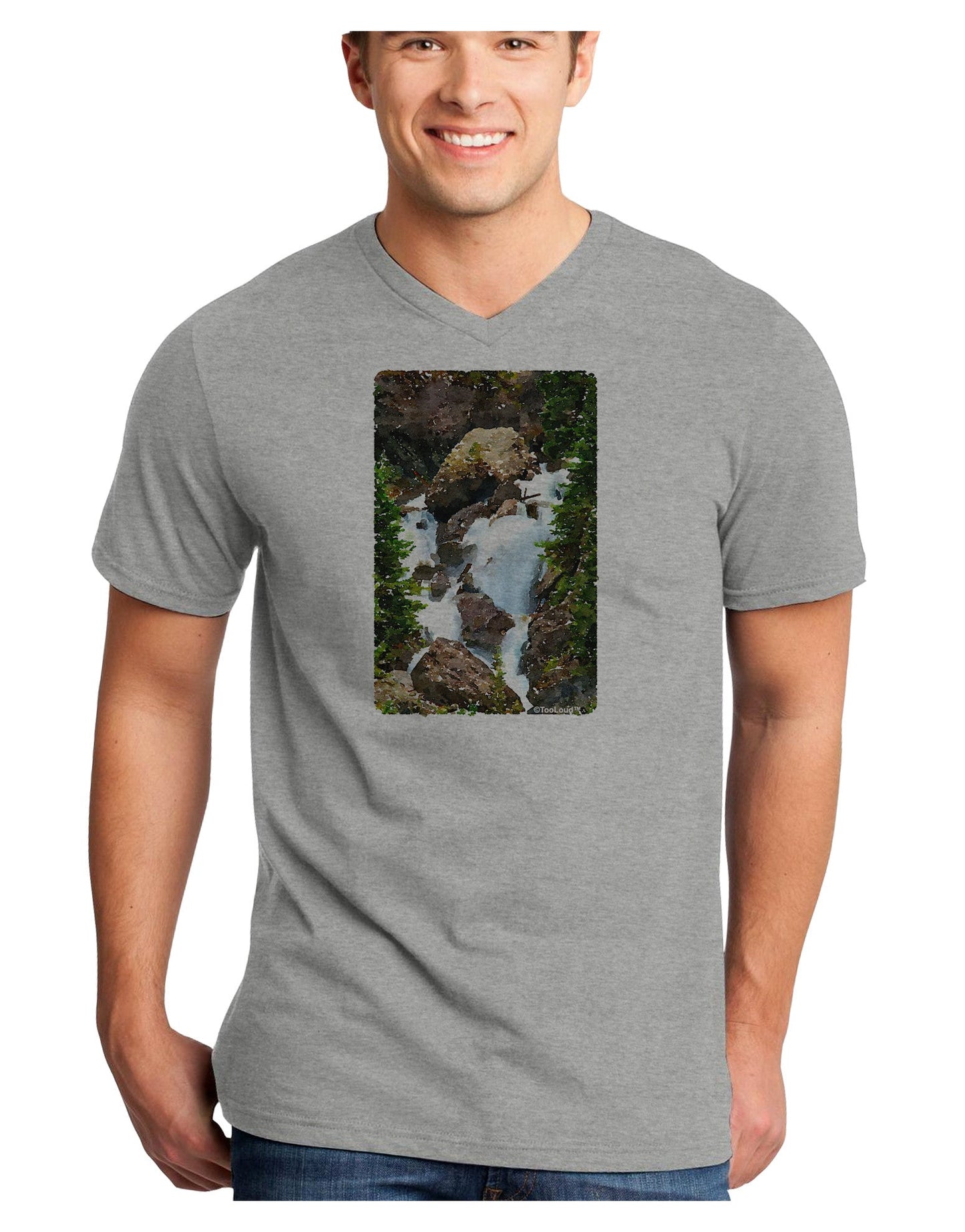 TooLoud Waterfall Watercolor Adult V-Neck T-shirt-Mens V-Neck T-Shirt-TooLoud-HeatherGray-Small-Davson Sales