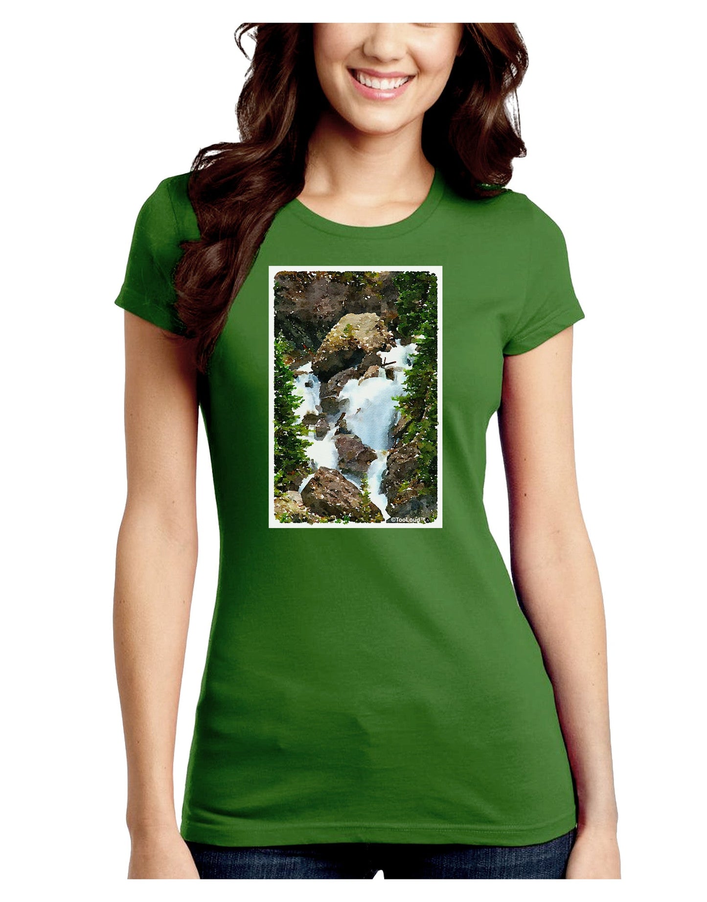 TooLoud Waterfall Watercolor Juniors Crew Dark T-Shirt-T-Shirts Juniors Tops-TooLoud-Kiwi-Green-Juniors Fitted Small-Davson Sales