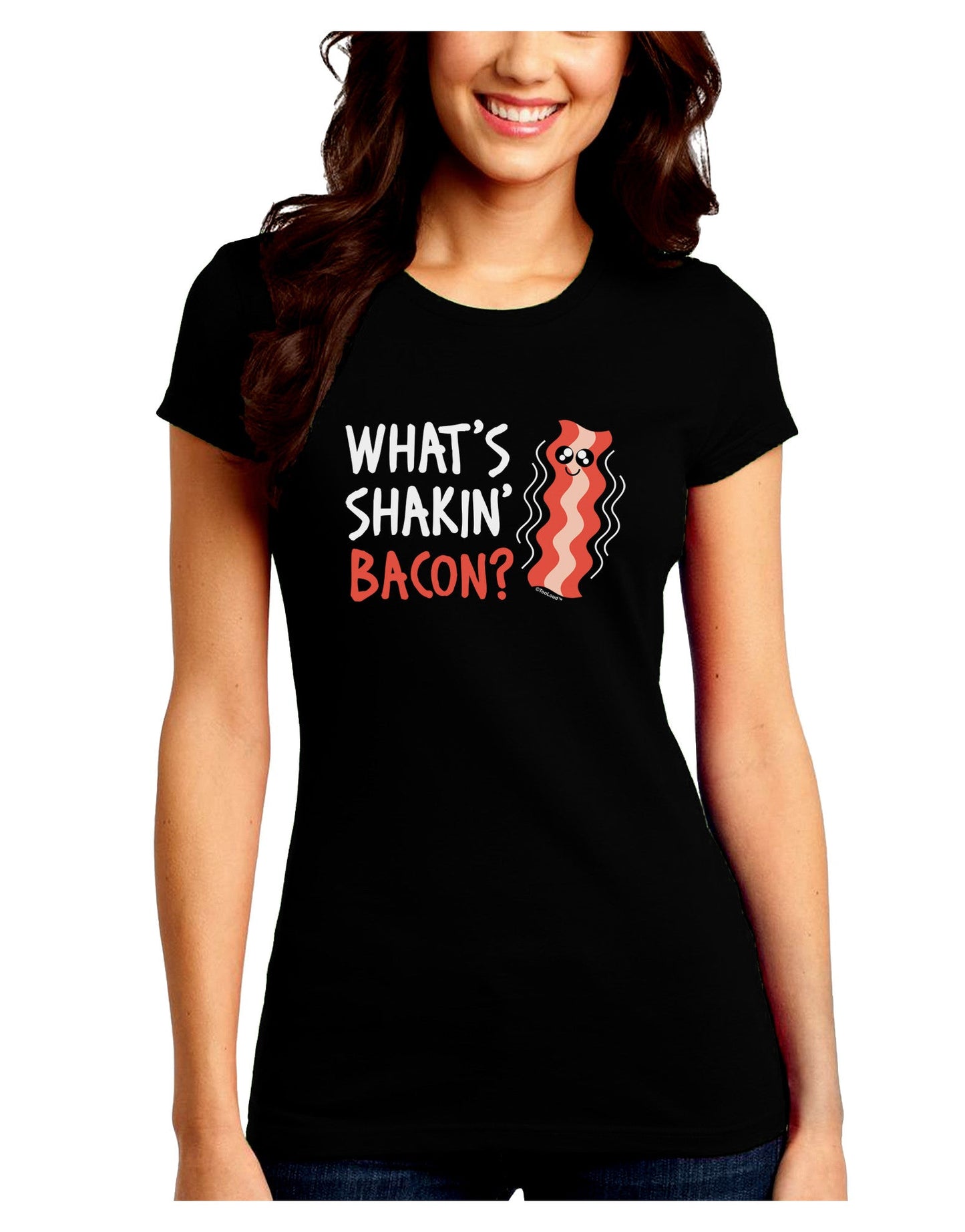 TooLoud What's Shakin' Bacon Juniors Petite Crew Dark T-Shirt-T-Shirts Juniors Tops-TooLoud-Black-Juniors Fitted Small-Davson Sales