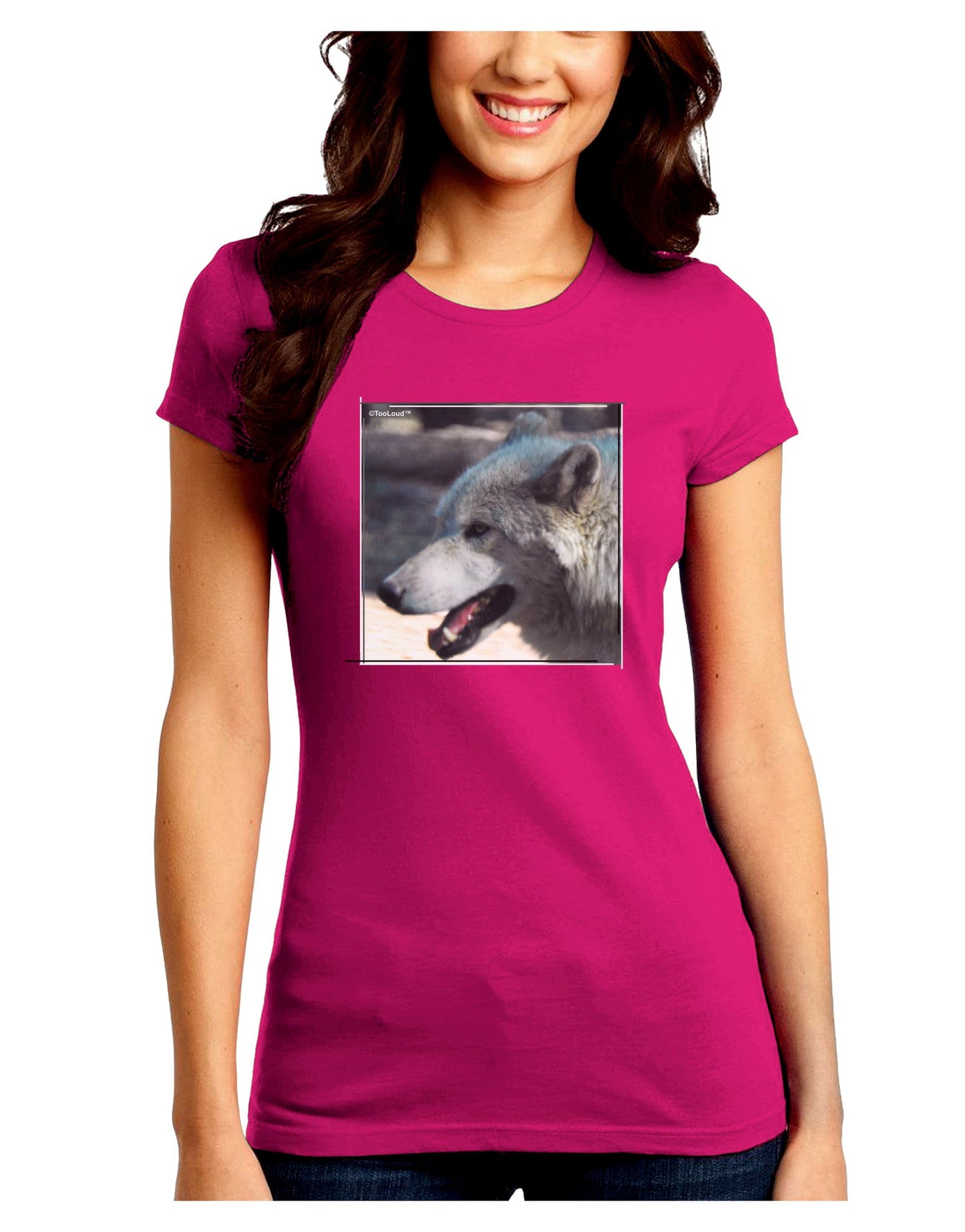 TooLoud White Wolf Face Juniors Petite Crew Dark T-Shirt-T-Shirts Juniors Tops-TooLoud-Hot-Pink-Juniors Fitted Small-Davson Sales